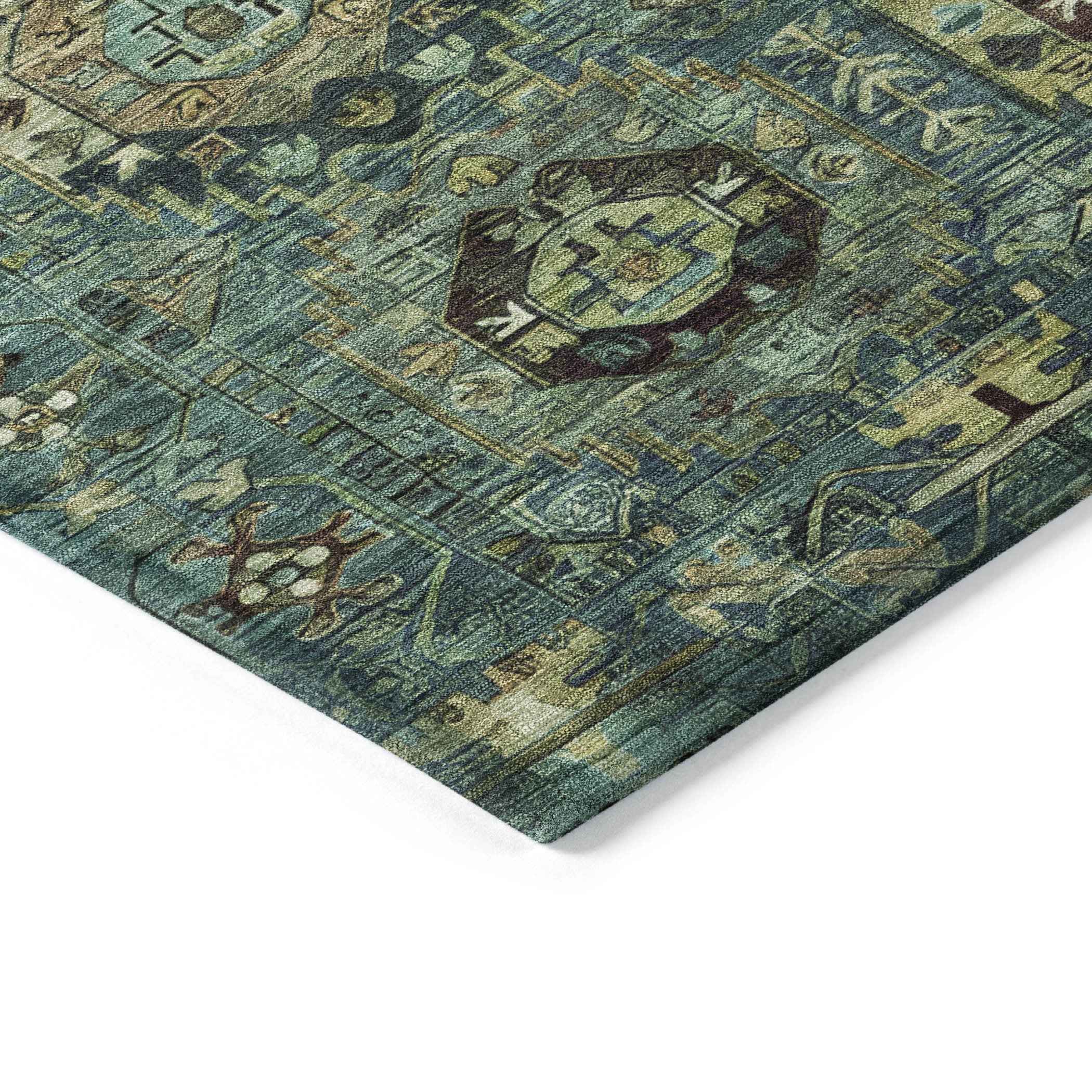 8' Teal Blue Brown And Taupe Round Medallion Washable Indoor Outdoor Area Rug