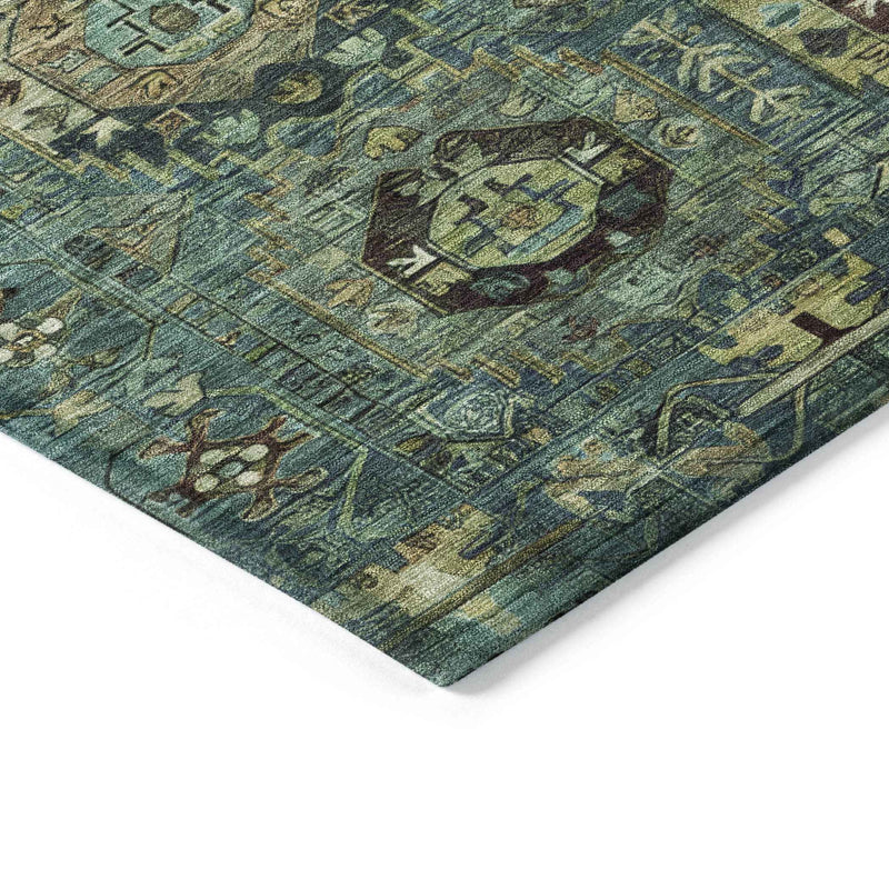 8' Teal Blue Brown And Taupe Round Medallion Washable Indoor Outdoor Area Rug