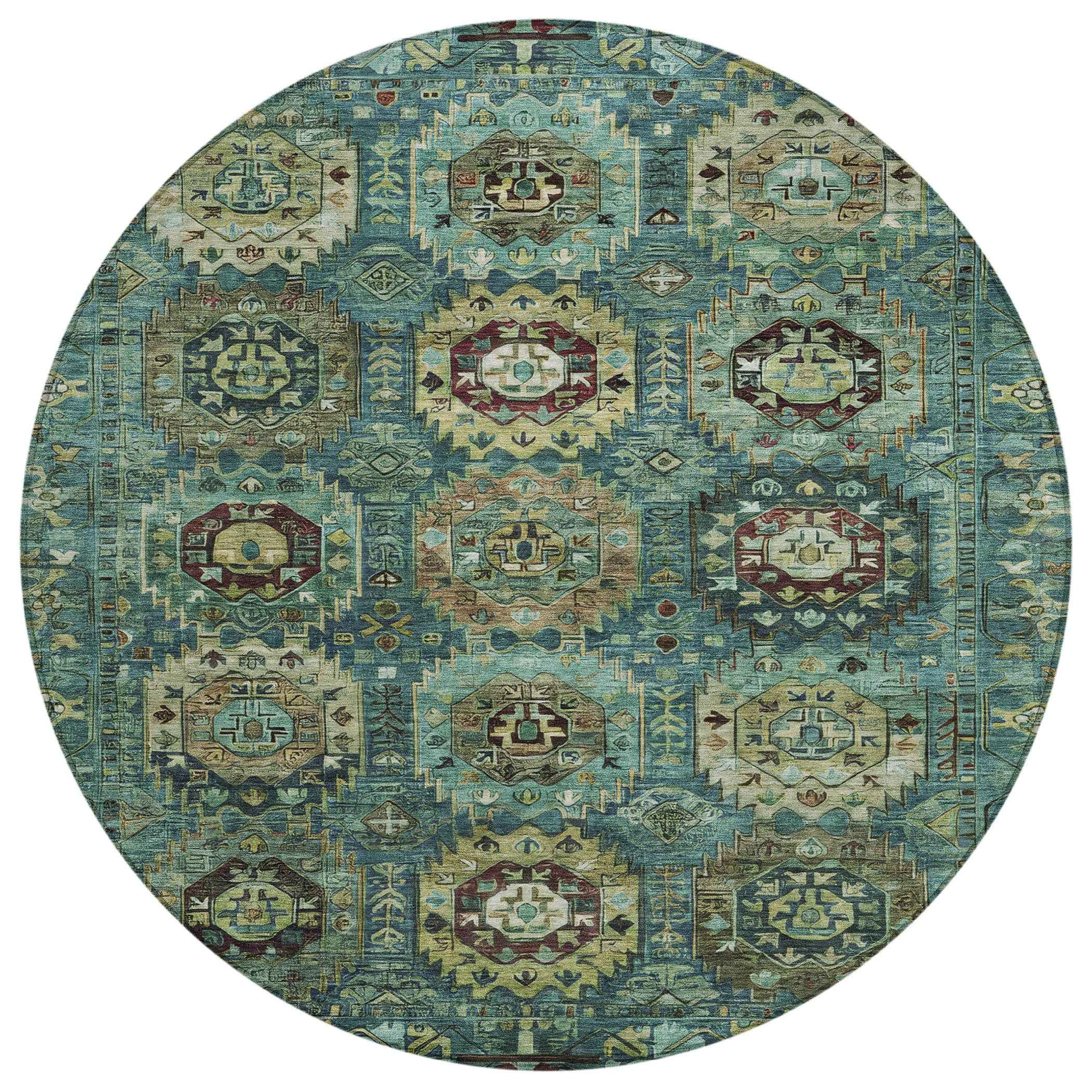 8' Teal Blue Brown And Taupe Round Medallion Washable Indoor Outdoor Area Rug