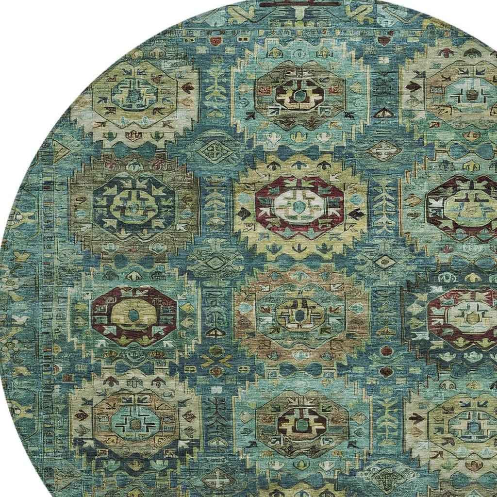 8' Teal Blue Brown And Taupe Round Medallion Washable Indoor Outdoor Area Rug