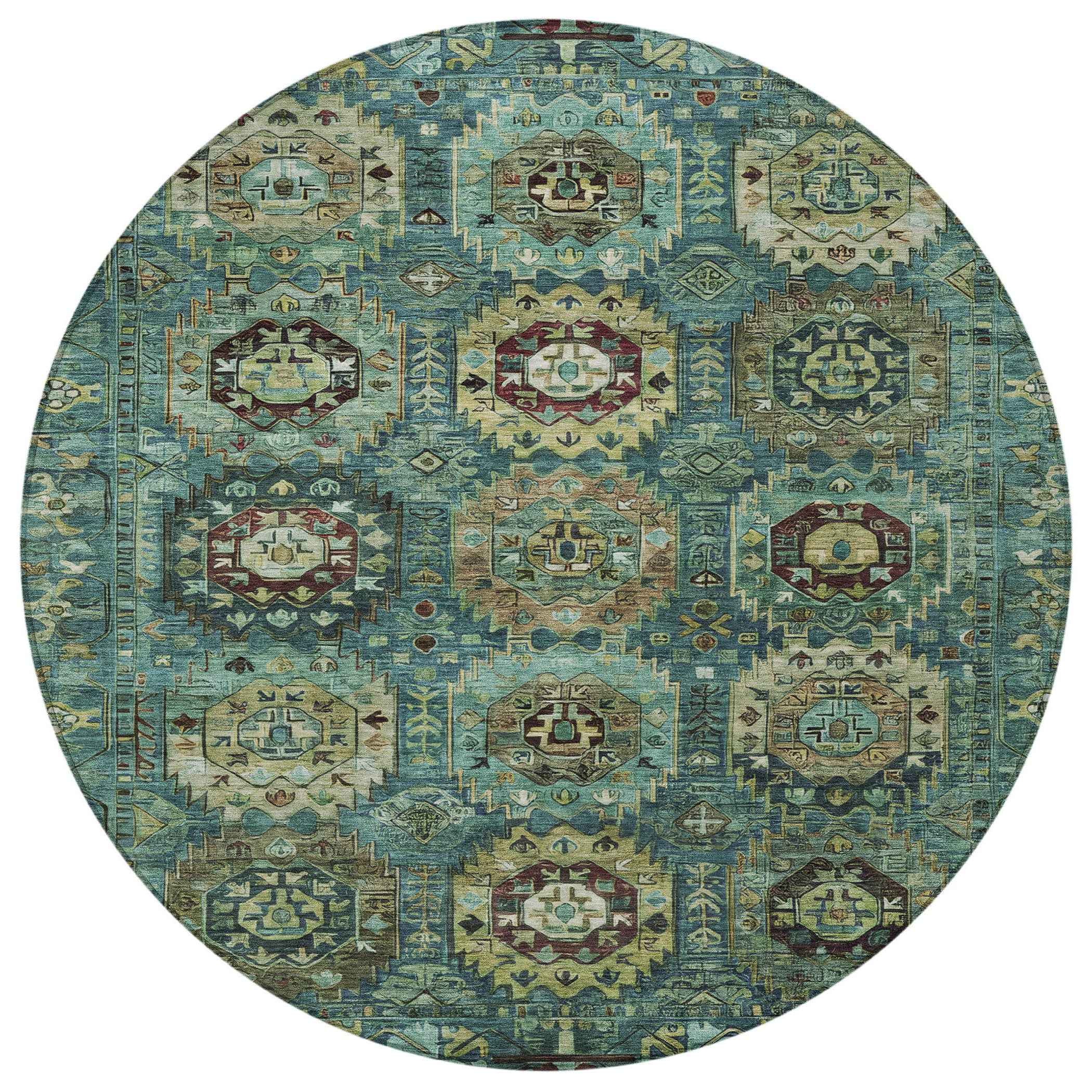 8' Teal Blue Brown And Taupe Round Medallion Washable Indoor Outdoor Area Rug