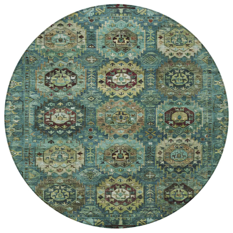 8' Teal Blue Brown And Taupe Round Medallion Washable Indoor Outdoor Area Rug