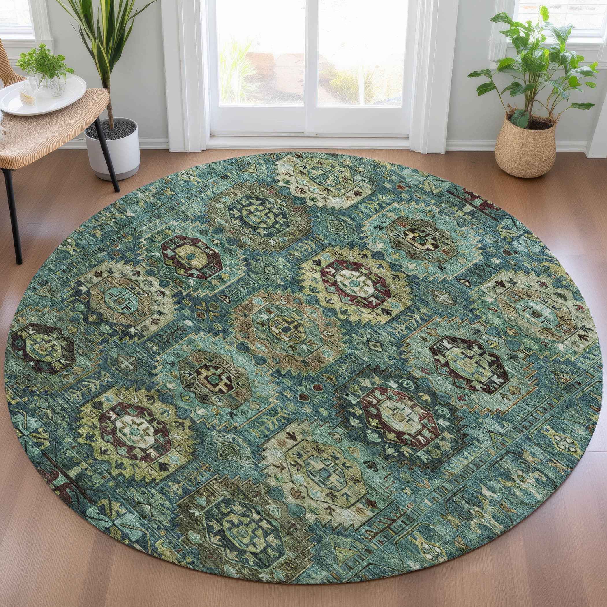8' Teal Blue Brown And Taupe Round Medallion Washable Indoor Outdoor Area Rug