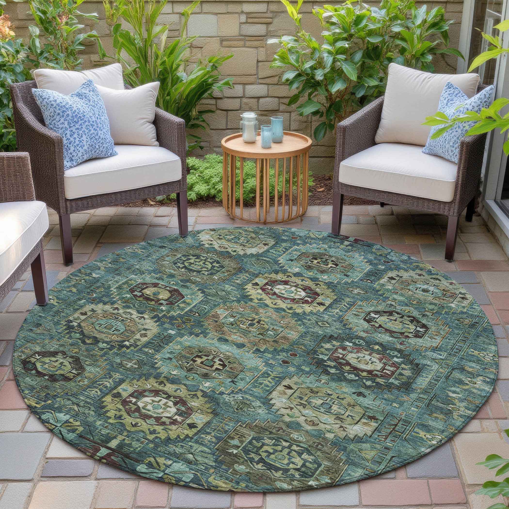 8' Teal Blue Brown And Taupe Round Medallion Washable Indoor Outdoor Area Rug