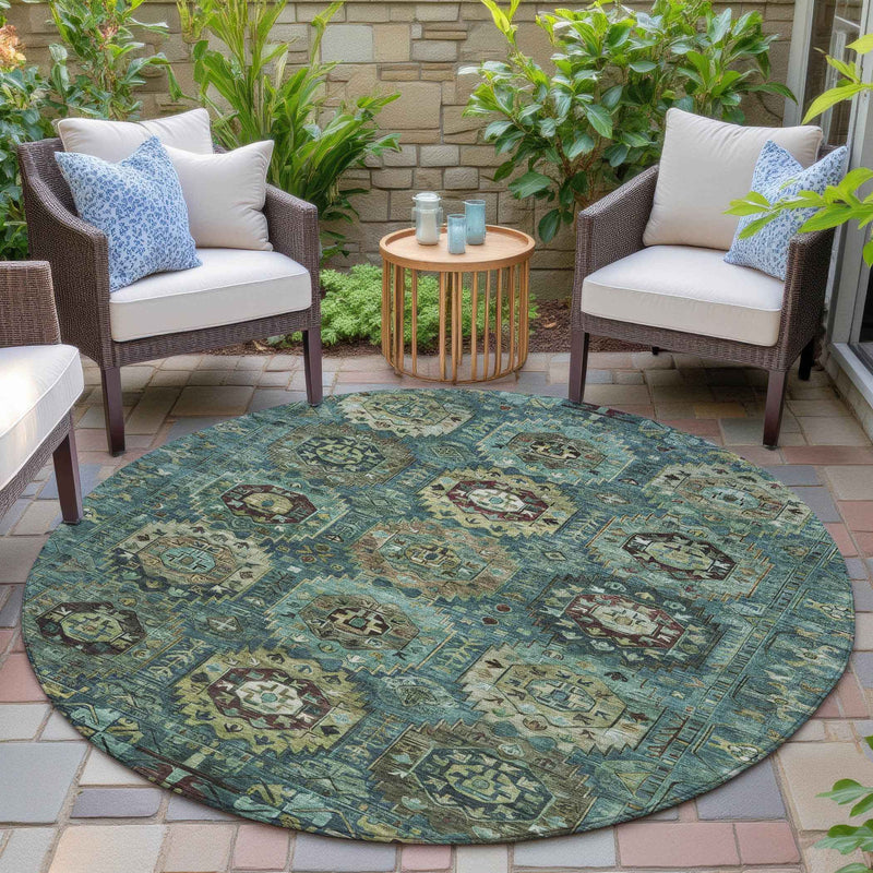 8' Teal Blue Brown And Taupe Round Medallion Washable Indoor Outdoor Area Rug