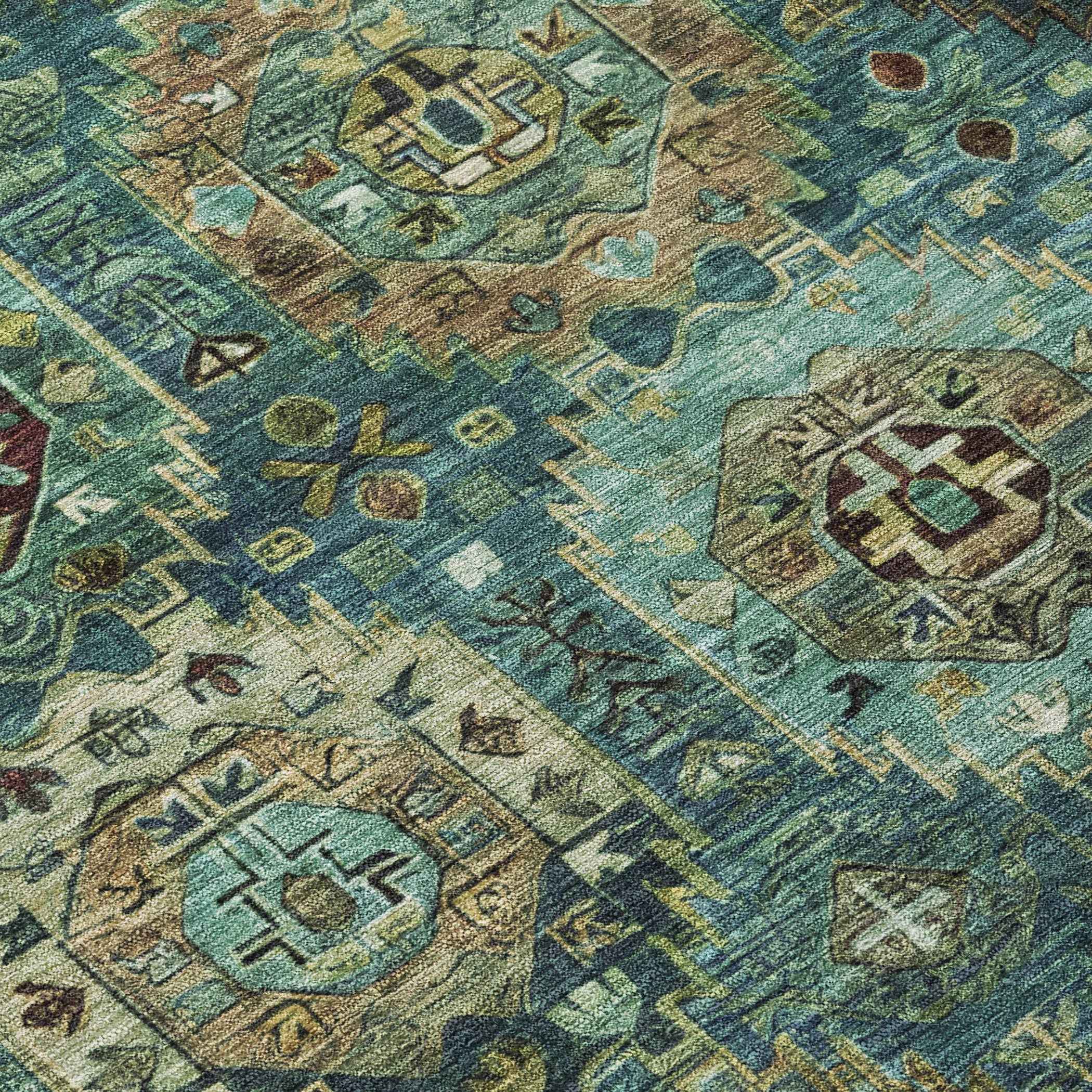 8' Teal Blue Brown And Taupe Round Medallion Washable Indoor Outdoor Area Rug