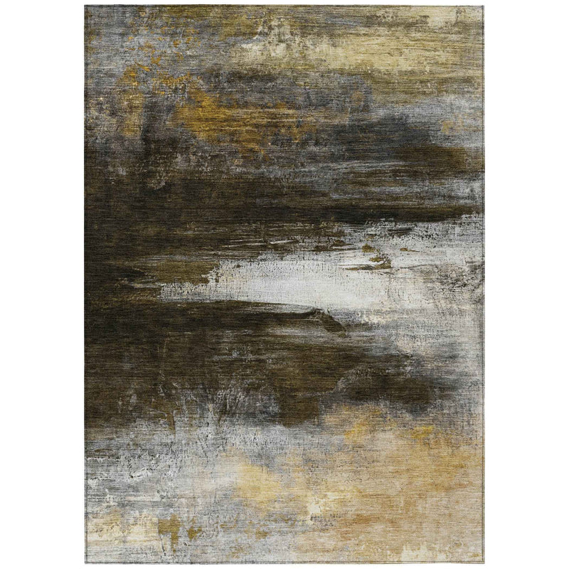 3' X 5' Chocolate Gold And Beige Abstract Washable Indoor Outdoor Area Rug