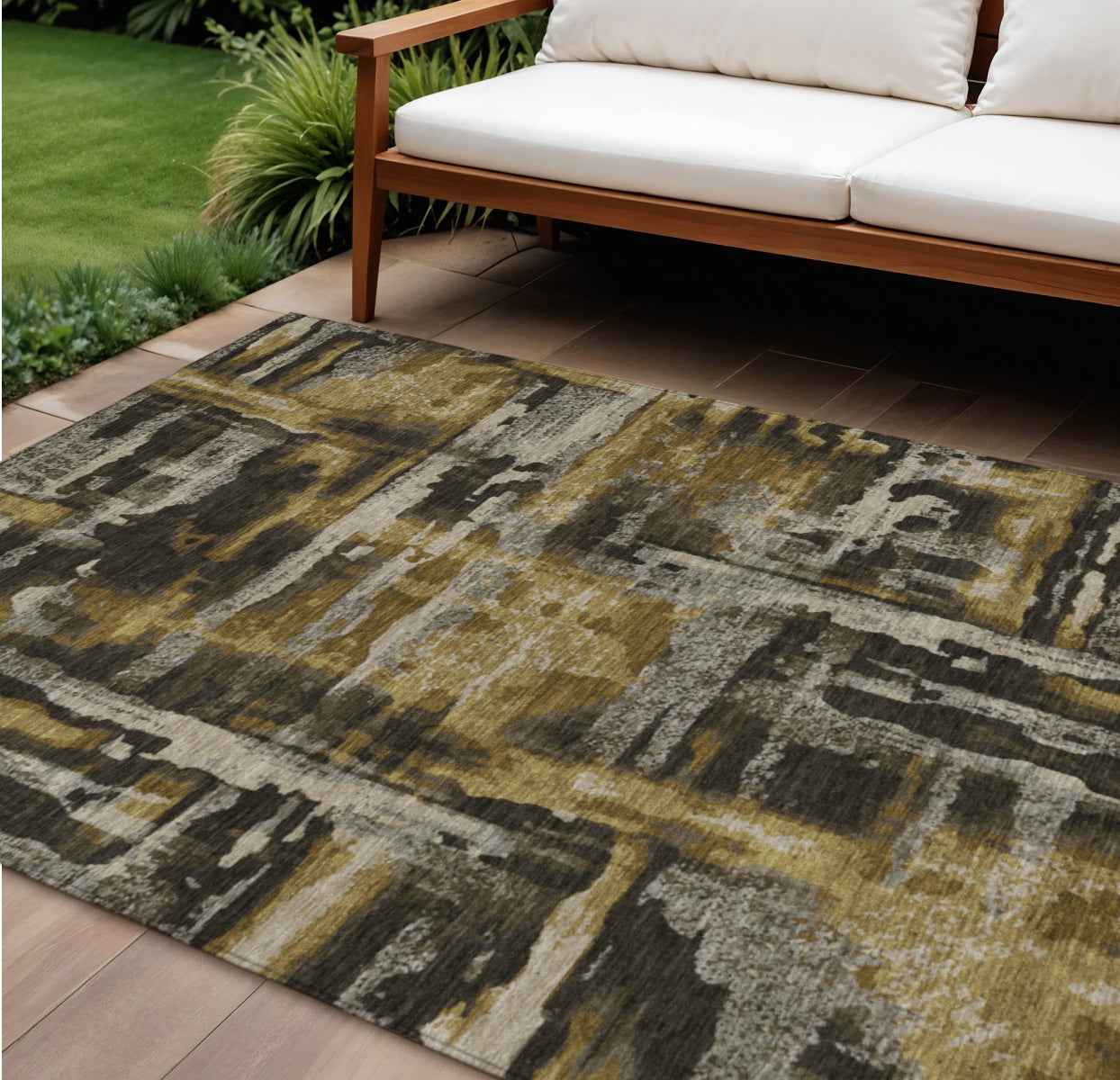 10' X 14' Coffee And Taupe Abstract Washable Indoor Outdoor Area Rug