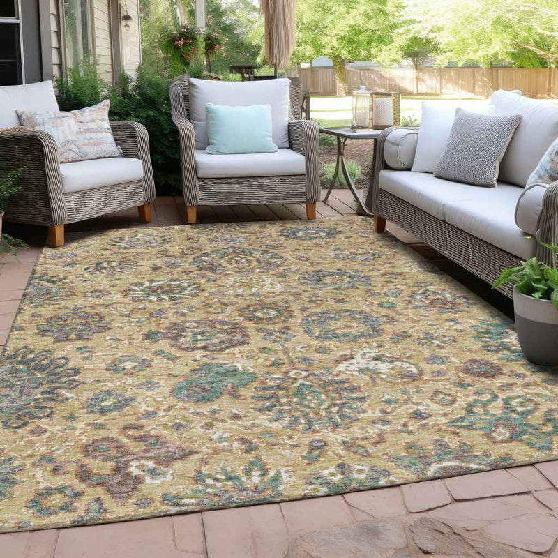 8' X 10' Gold Beige And Pale Aqua Floral Washable Indoor Outdoor Area Rug