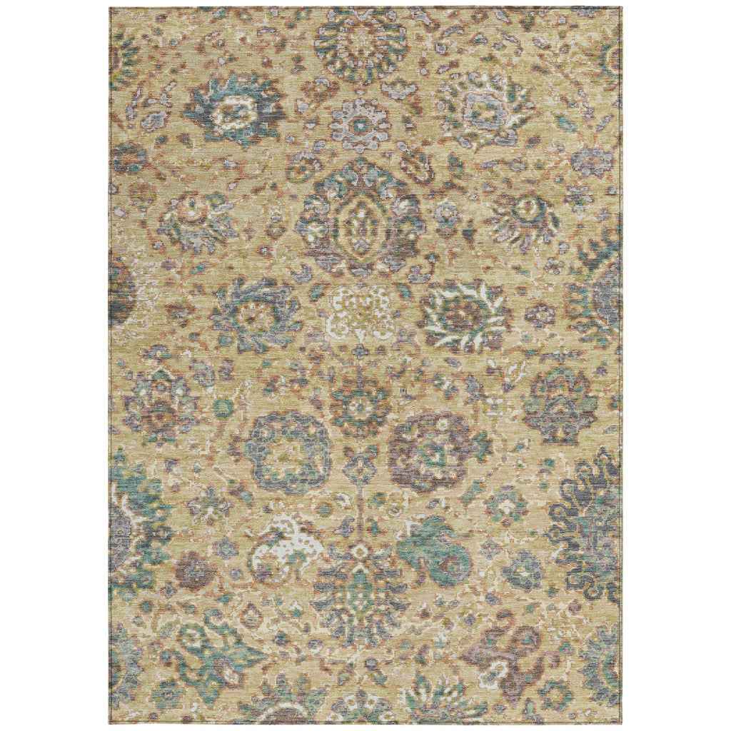 8' X 10' Gold Beige And Pale Aqua Floral Washable Indoor Outdoor Area Rug