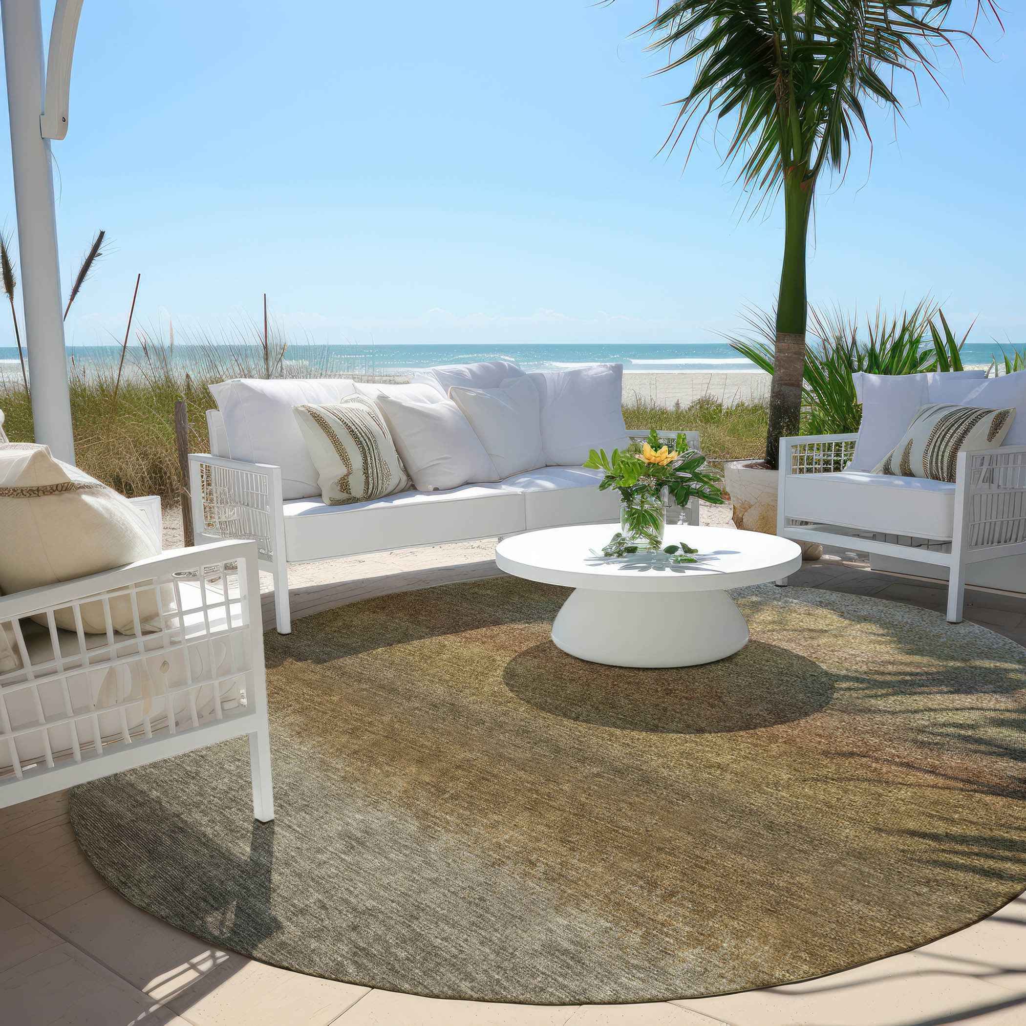 8' Taupe And Beige Round Ombre Washable Indoor Outdoor Area Rug