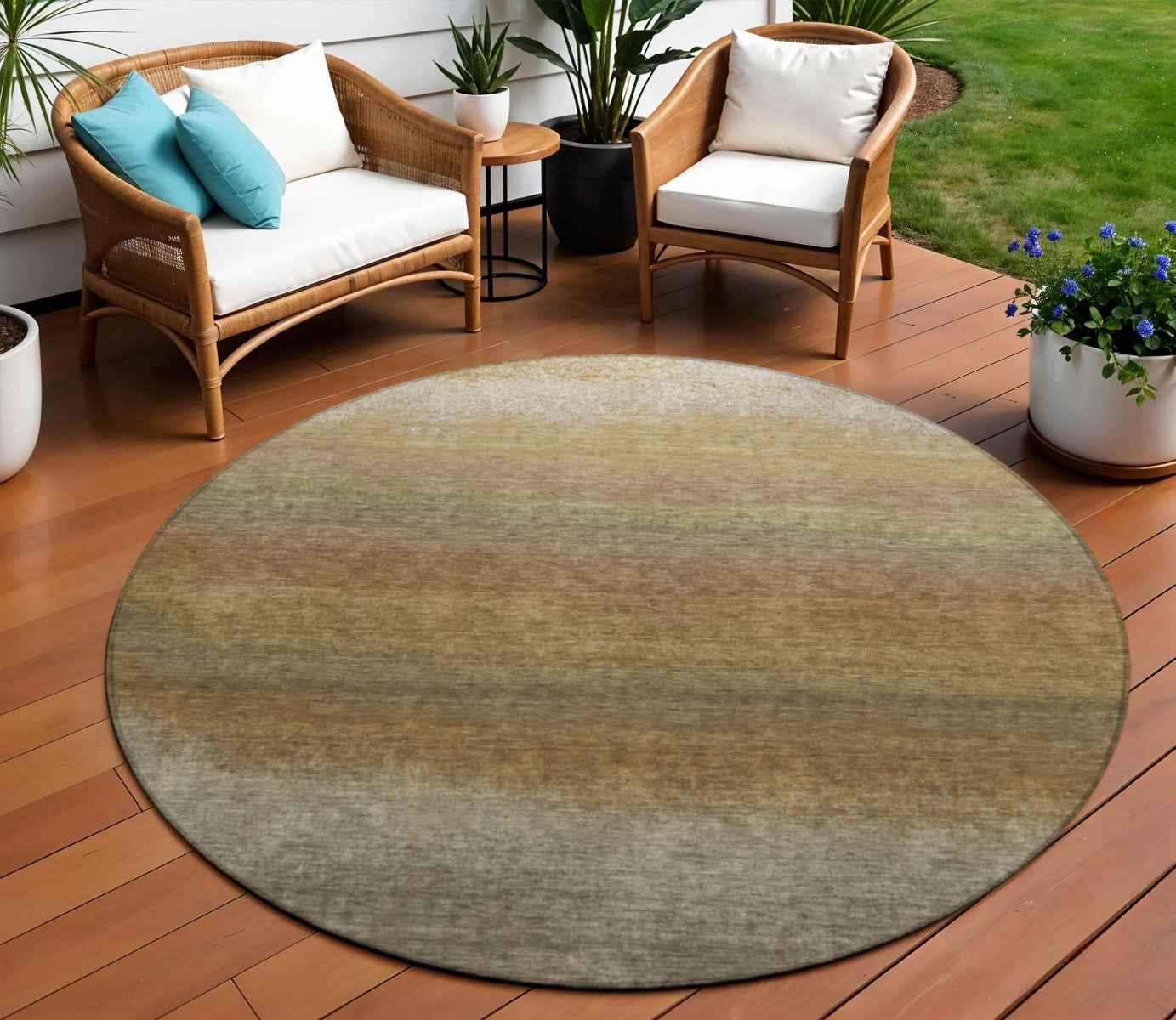 8' Taupe And Beige Round Ombre Washable Indoor Outdoor Area Rug