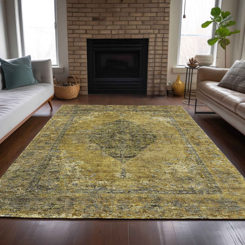 10' X 14' Wheat And Gray Medallion Washable Indoor Outdoor Area Rug