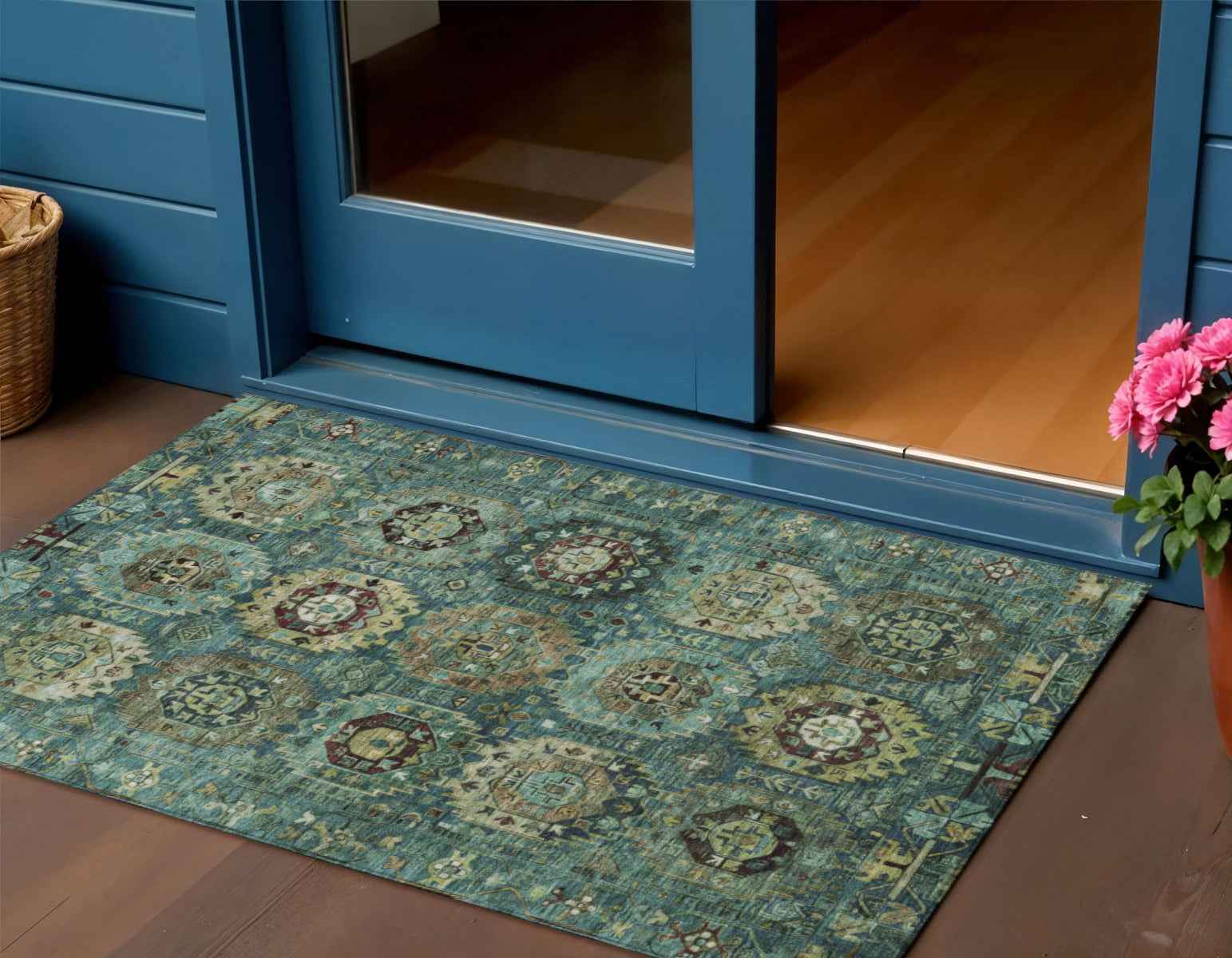 3' X 5' Teal Blue Brown And Taupe Medallion Washable Indoor Outdoor Area Rug
