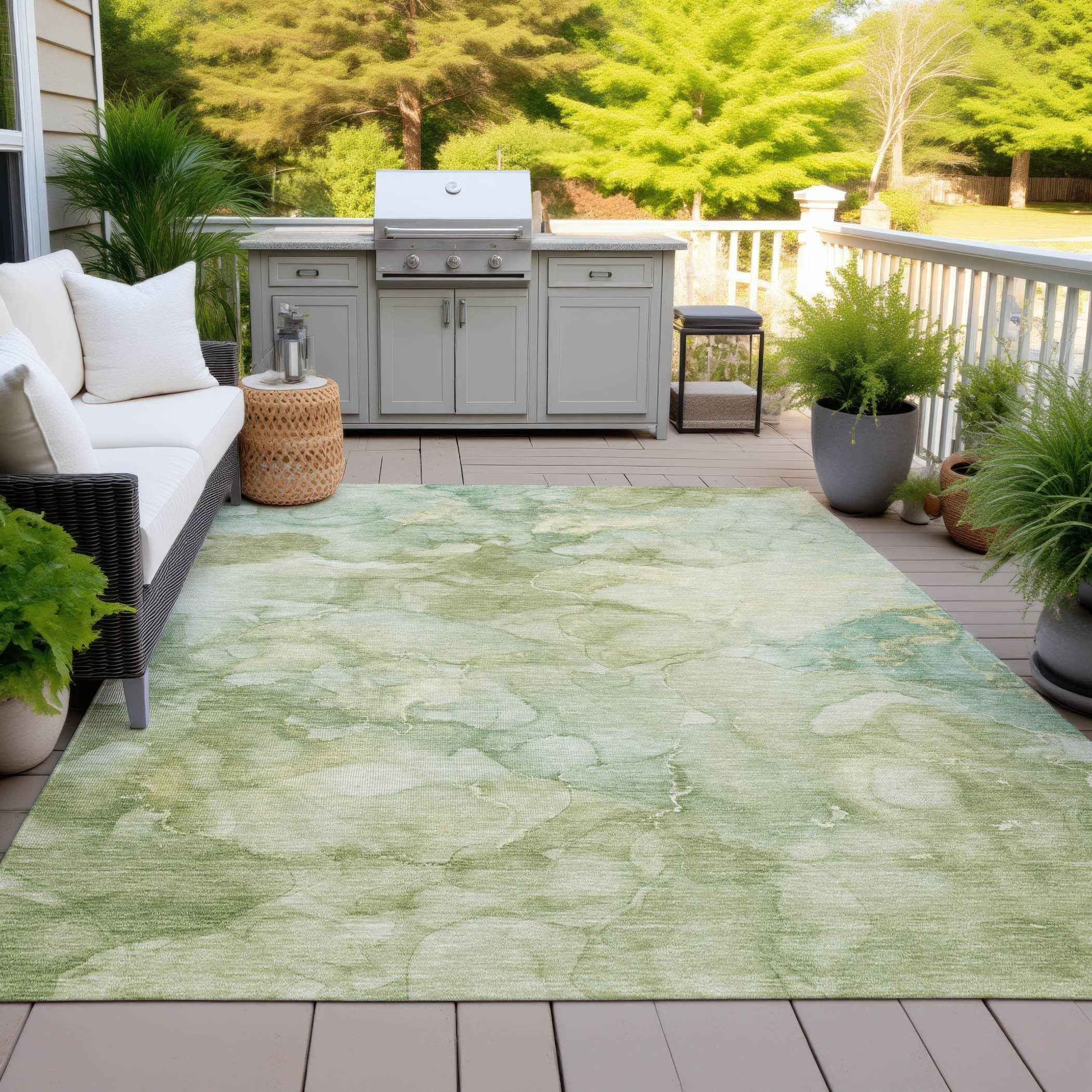 3' X 5' Artichoke Green And Beige Abstract Washable Indoor Outdoor Area Rug