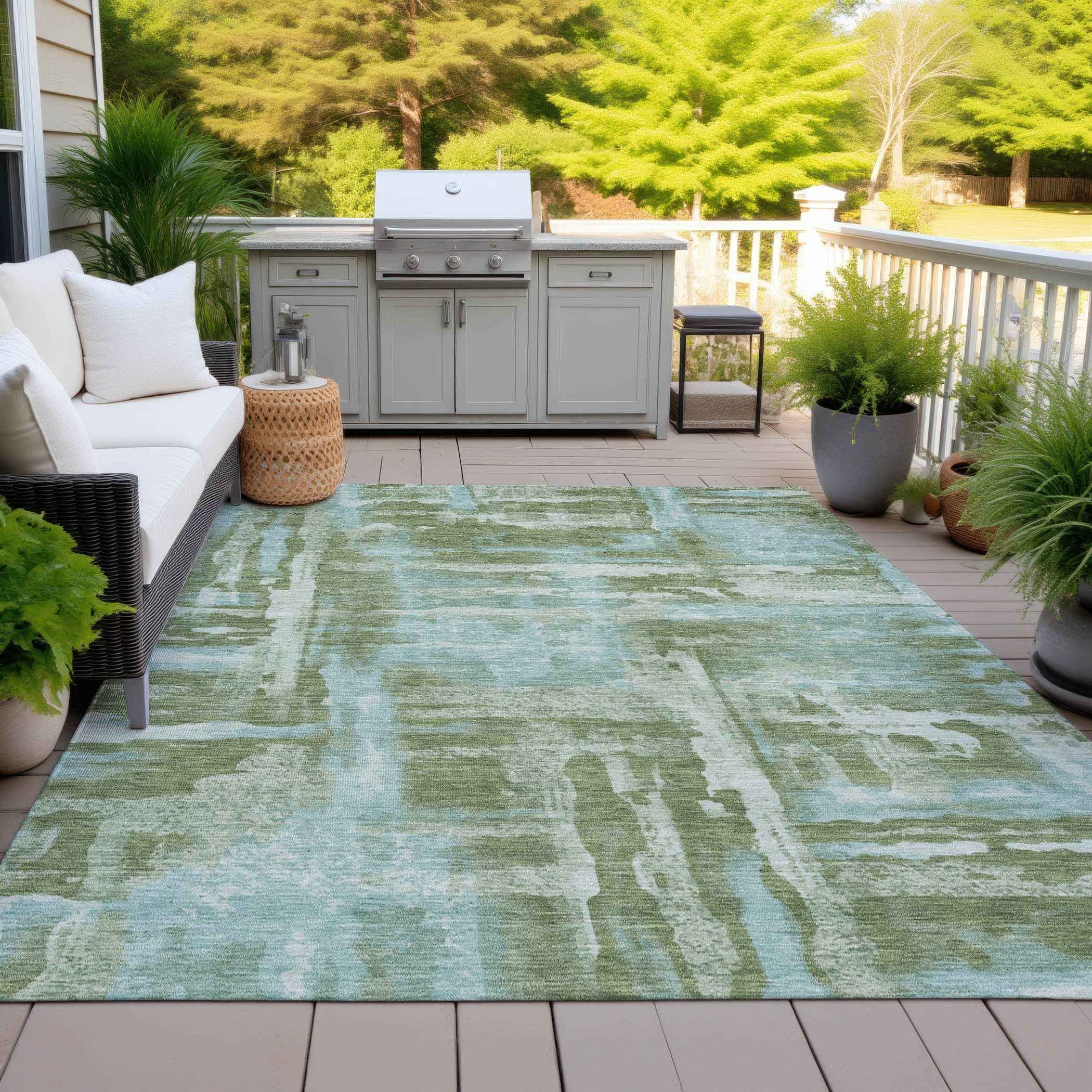 3' X 5' Fern Green And Sky Blue Abstract Washable Indoor Outdoor Area Rug