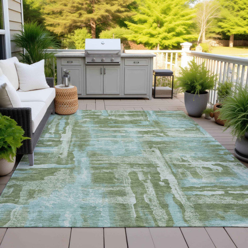 3' X 5' Fern Green And Sky Blue Abstract Washable Indoor Outdoor Area Rug