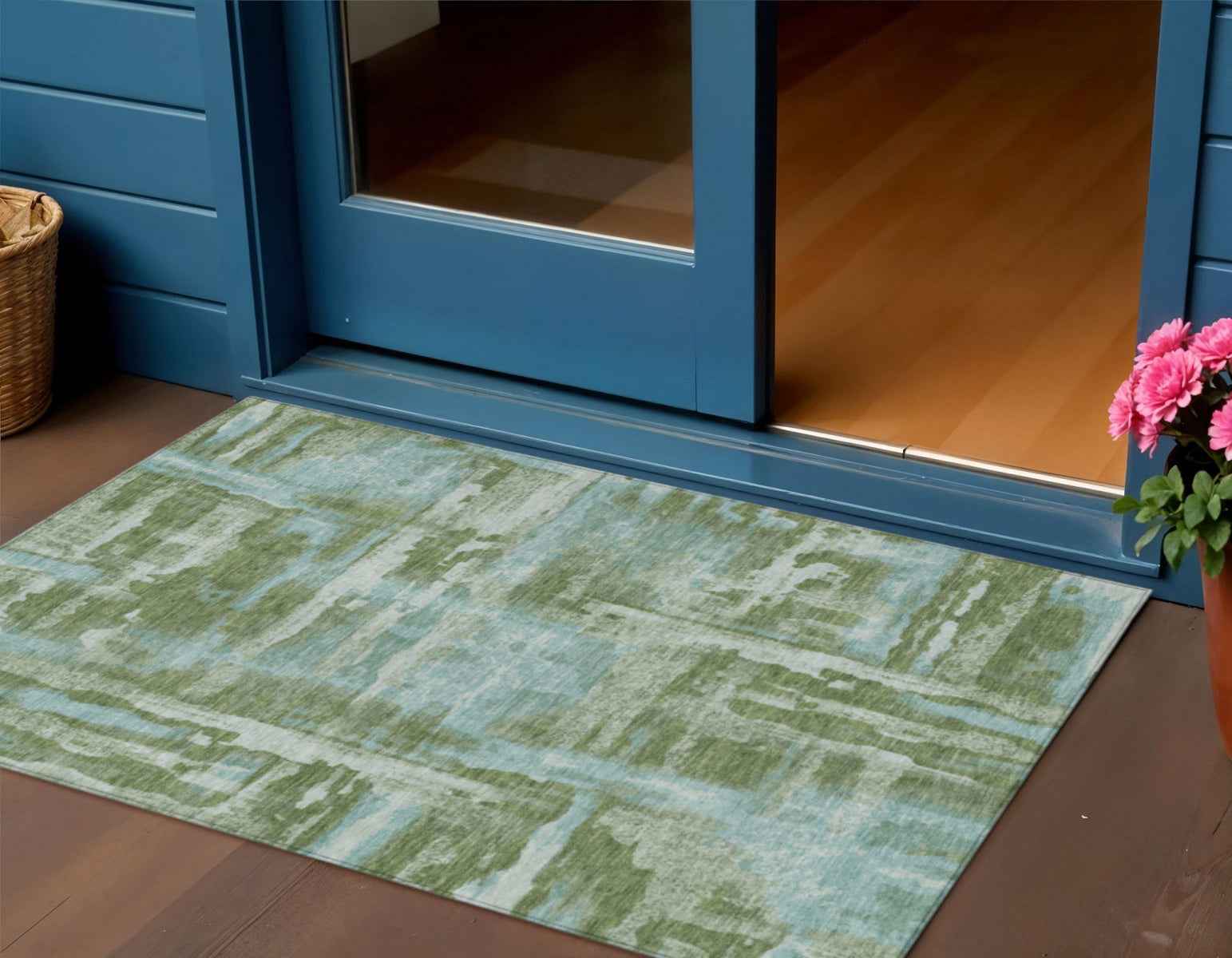 3' X 5' Fern Green And Sky Blue Abstract Washable Indoor Outdoor Area Rug