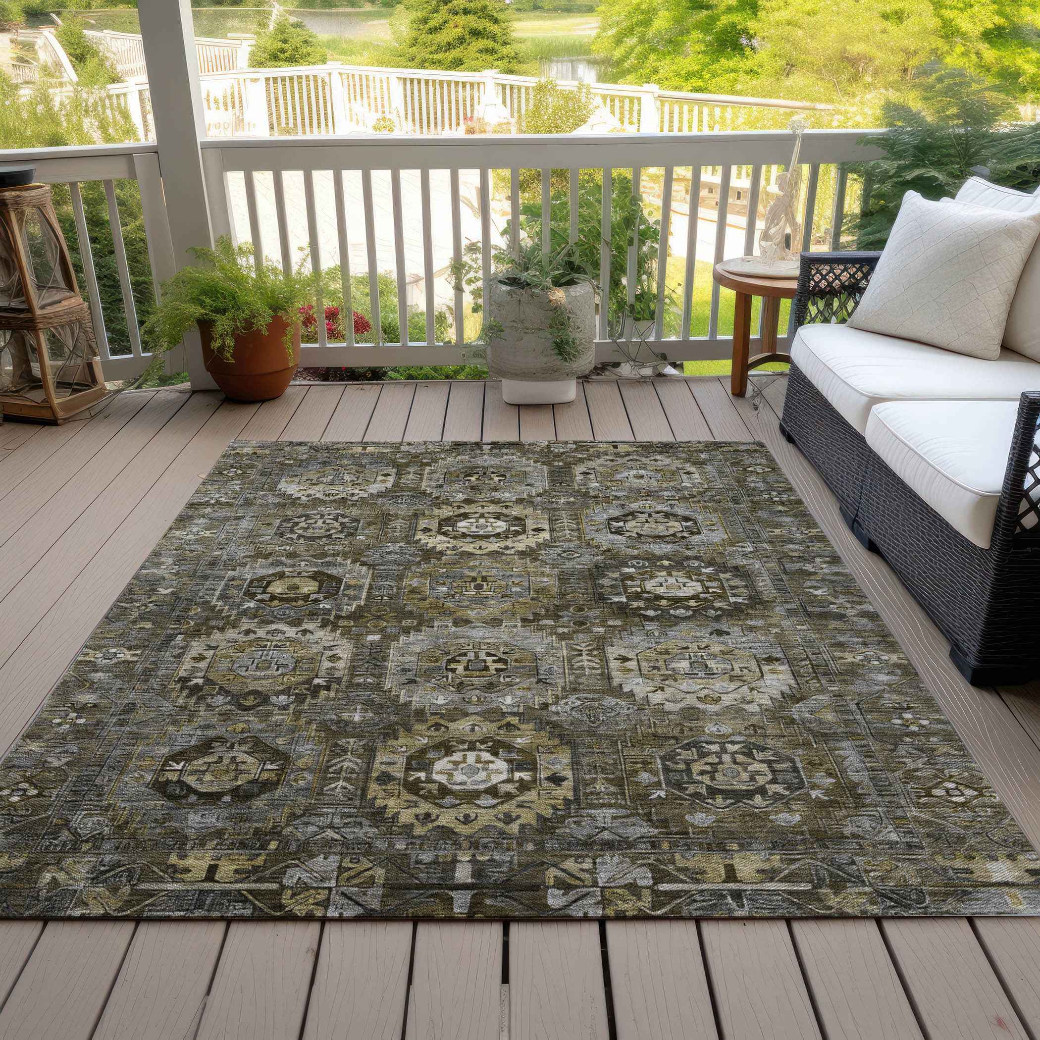 9' X 12' Brown Charcoal And Beige Medallion Washable Indoor Outdoor Area Rug