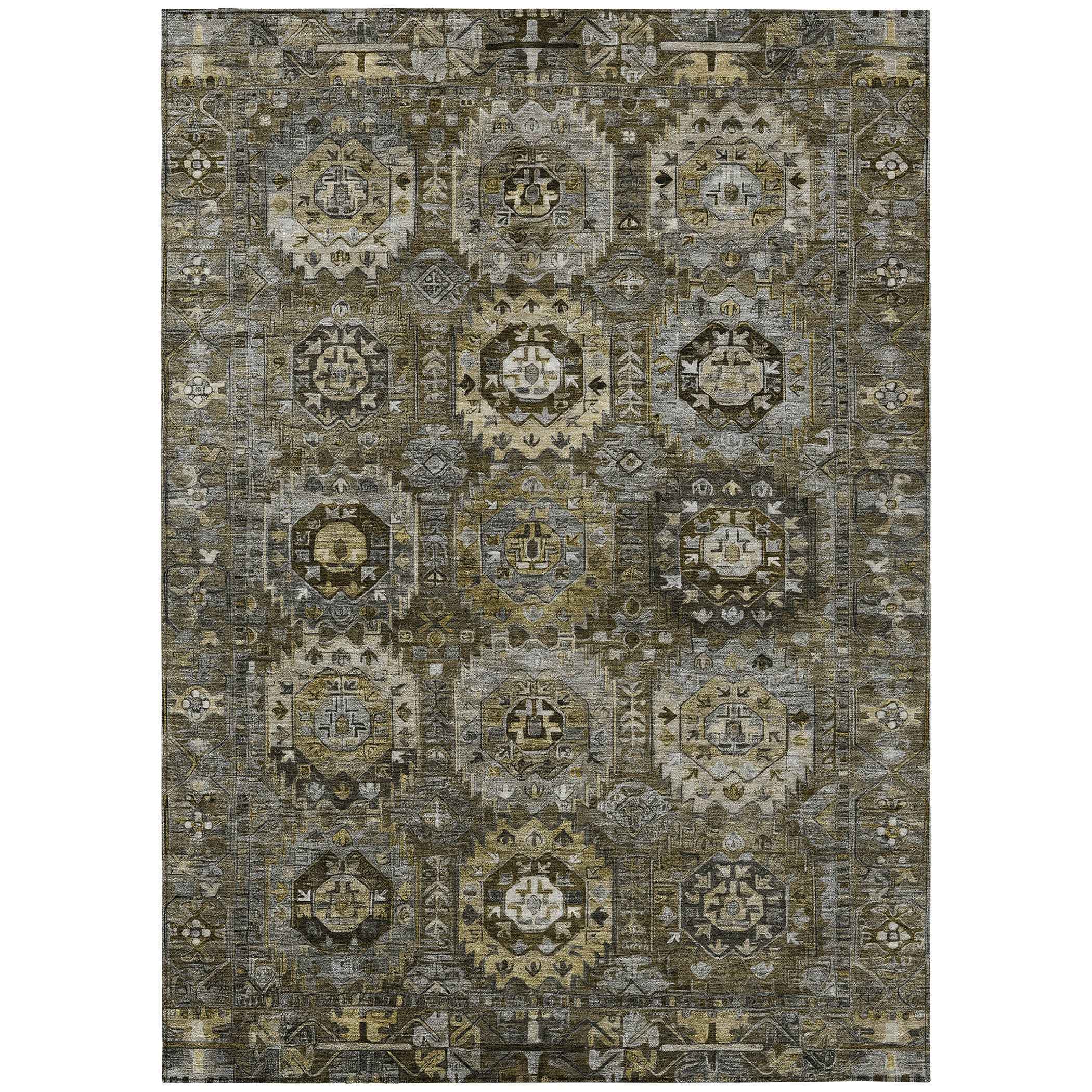 9' X 12' Brown Charcoal And Beige Medallion Washable Indoor Outdoor Area Rug