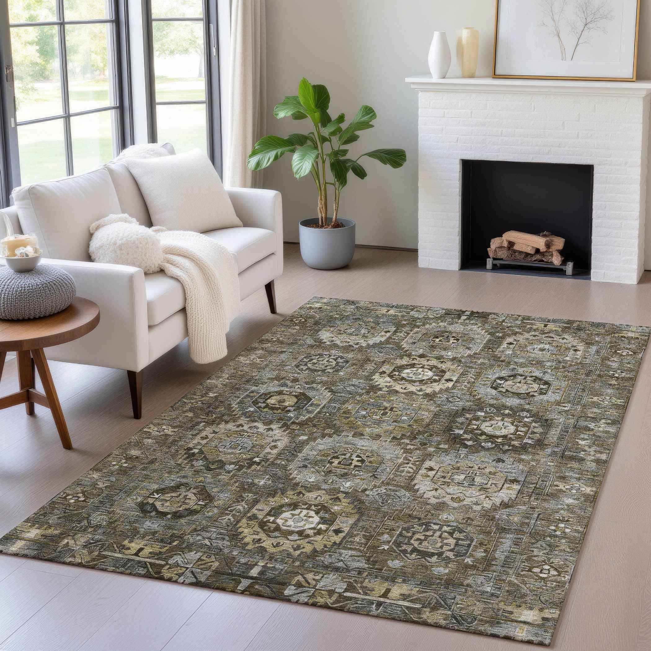 9' X 12' Brown Charcoal And Beige Medallion Washable Indoor Outdoor Area Rug