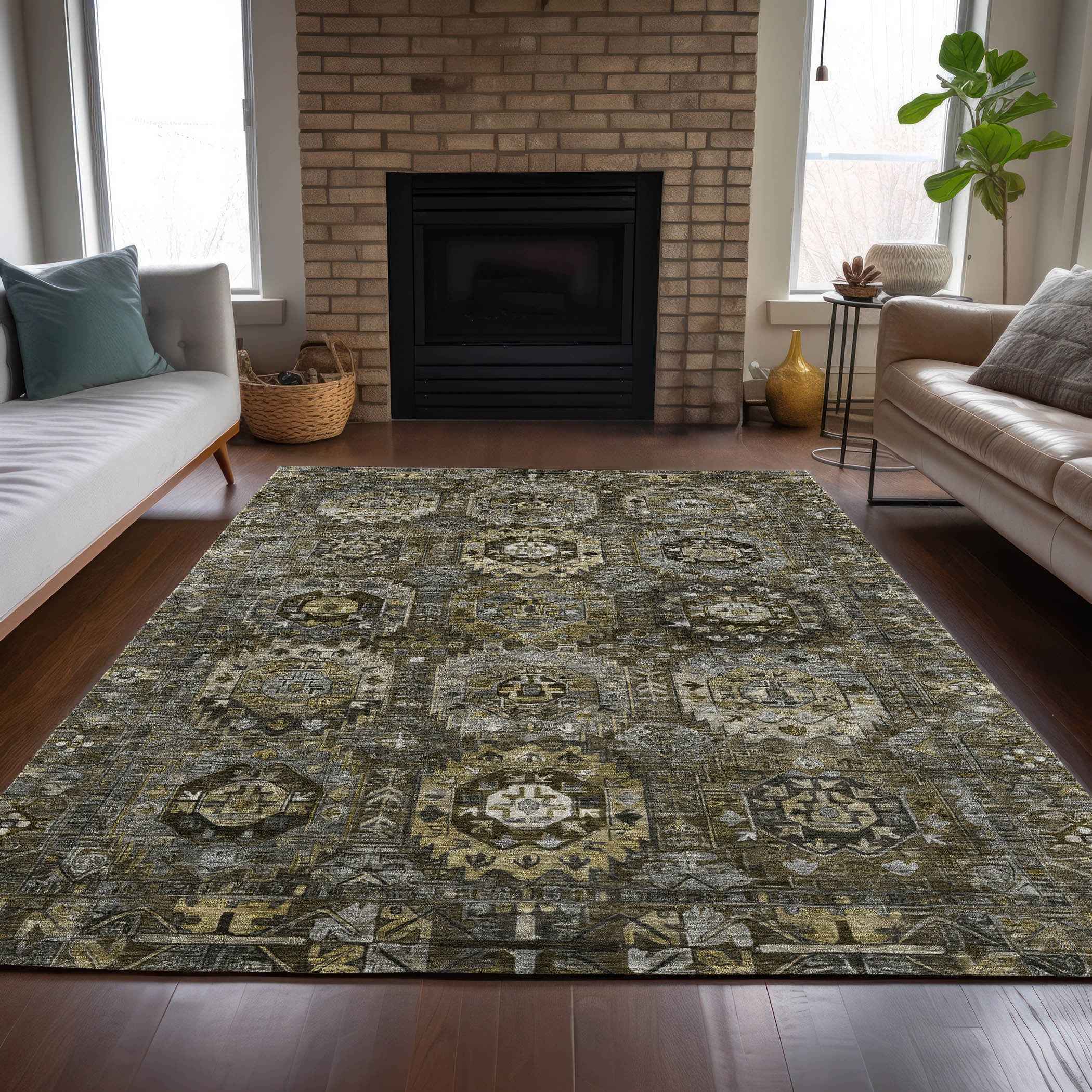 9' X 12' Brown Charcoal And Beige Medallion Washable Indoor Outdoor Area Rug