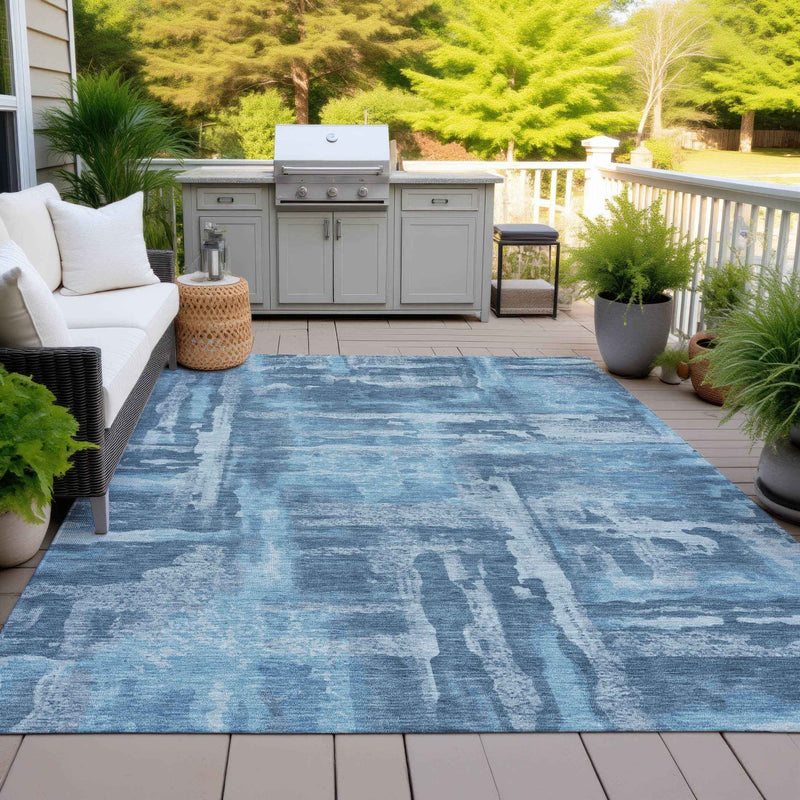 10' X 14' Denim Blue And Sky Blue Abstract Washable Indoor Outdoor Area Rug