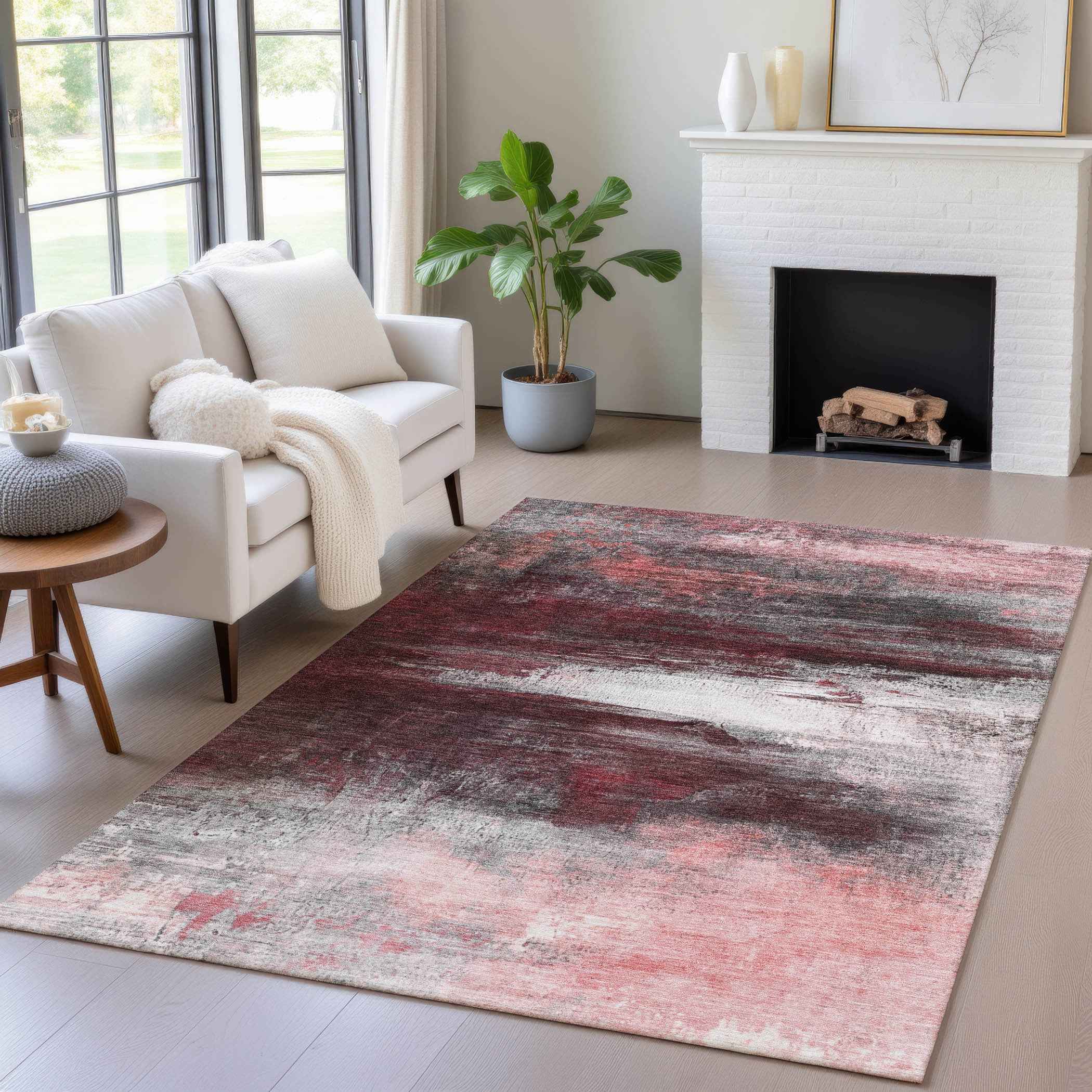 3' X 5' Merlot Charcoal And Ivory Abstract Washable Indoor Outdoor Area Rug