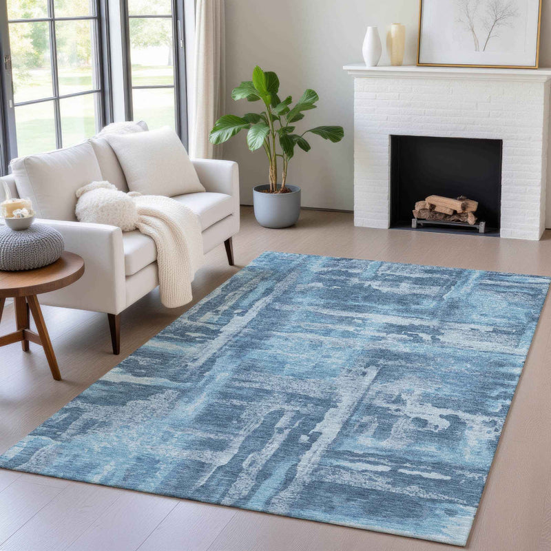 10' X 14' Denim Blue And Sky Blue Abstract Washable Indoor Outdoor Area Rug