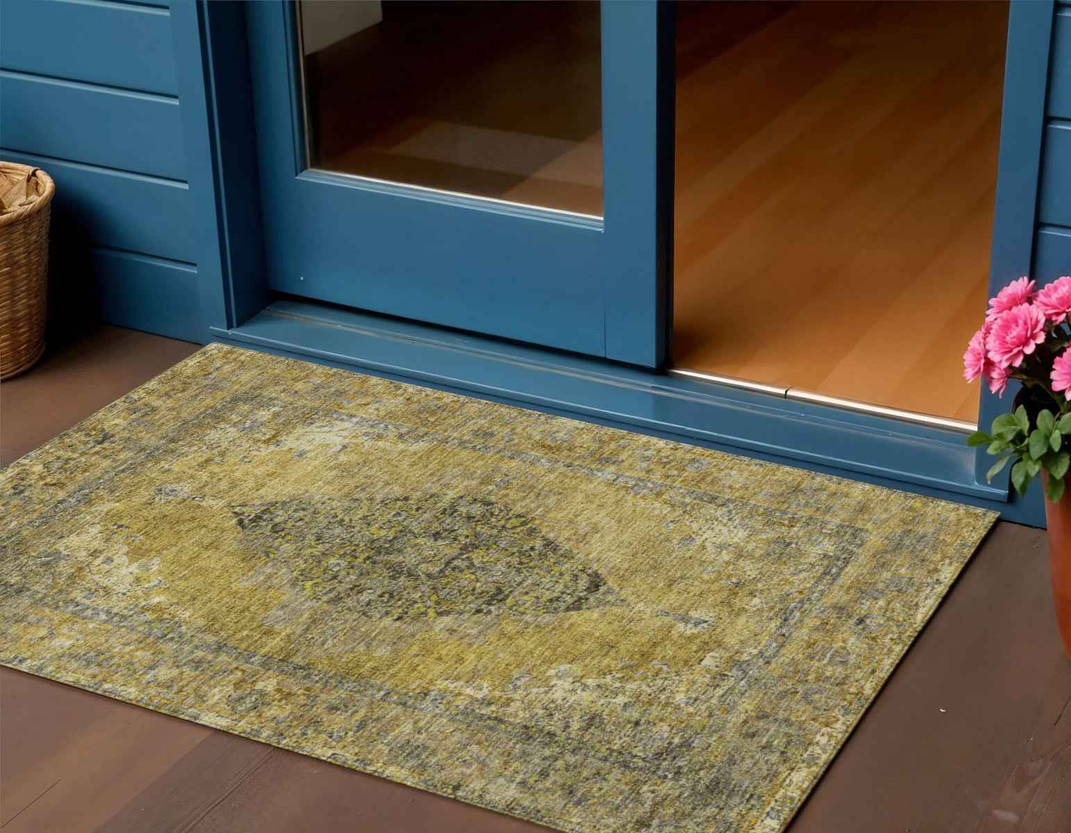 3' X 5' Wheat And Gray Medallion Washable Indoor Outdoor Area Rug