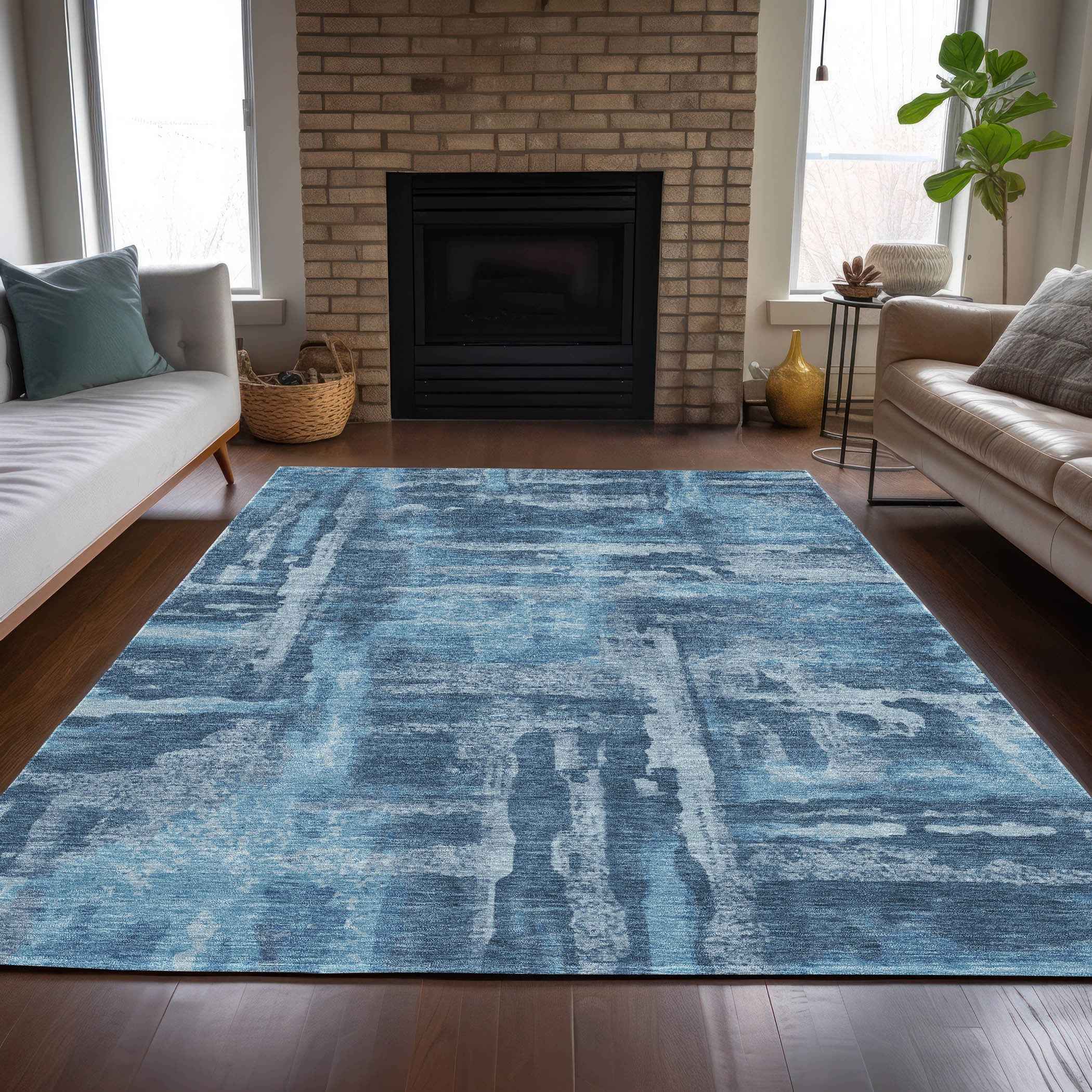 10' X 14' Denim Blue And Sky Blue Abstract Washable Indoor Outdoor Area Rug