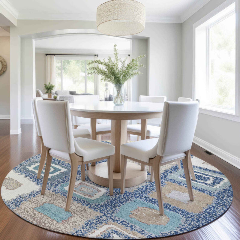 8' Navy Blue Beige And Ivory Round Geometric Washable Indoor Outdoor Area Rug