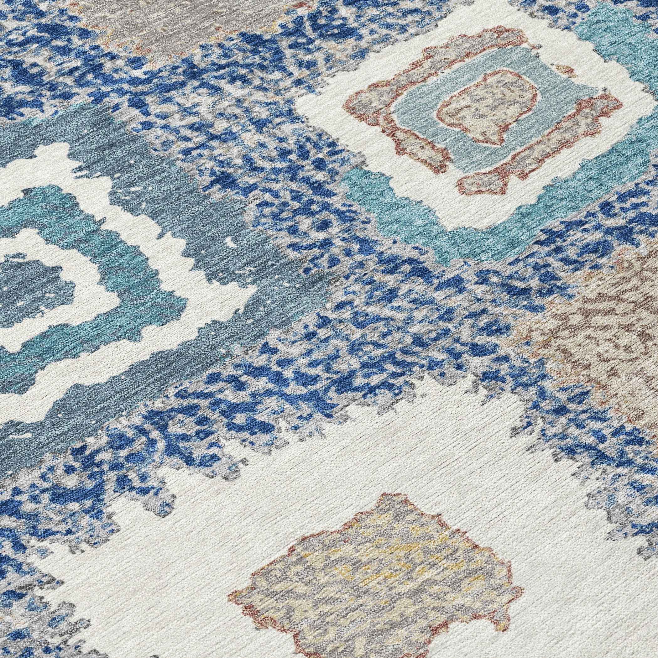 8' Navy Blue Beige And Ivory Round Geometric Washable Indoor Outdoor Area Rug