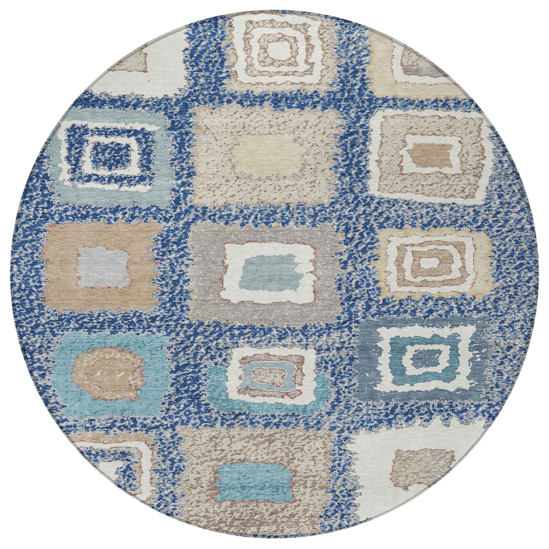 8' Navy Blue Beige And Ivory Round Geometric Washable Indoor Outdoor Area Rug