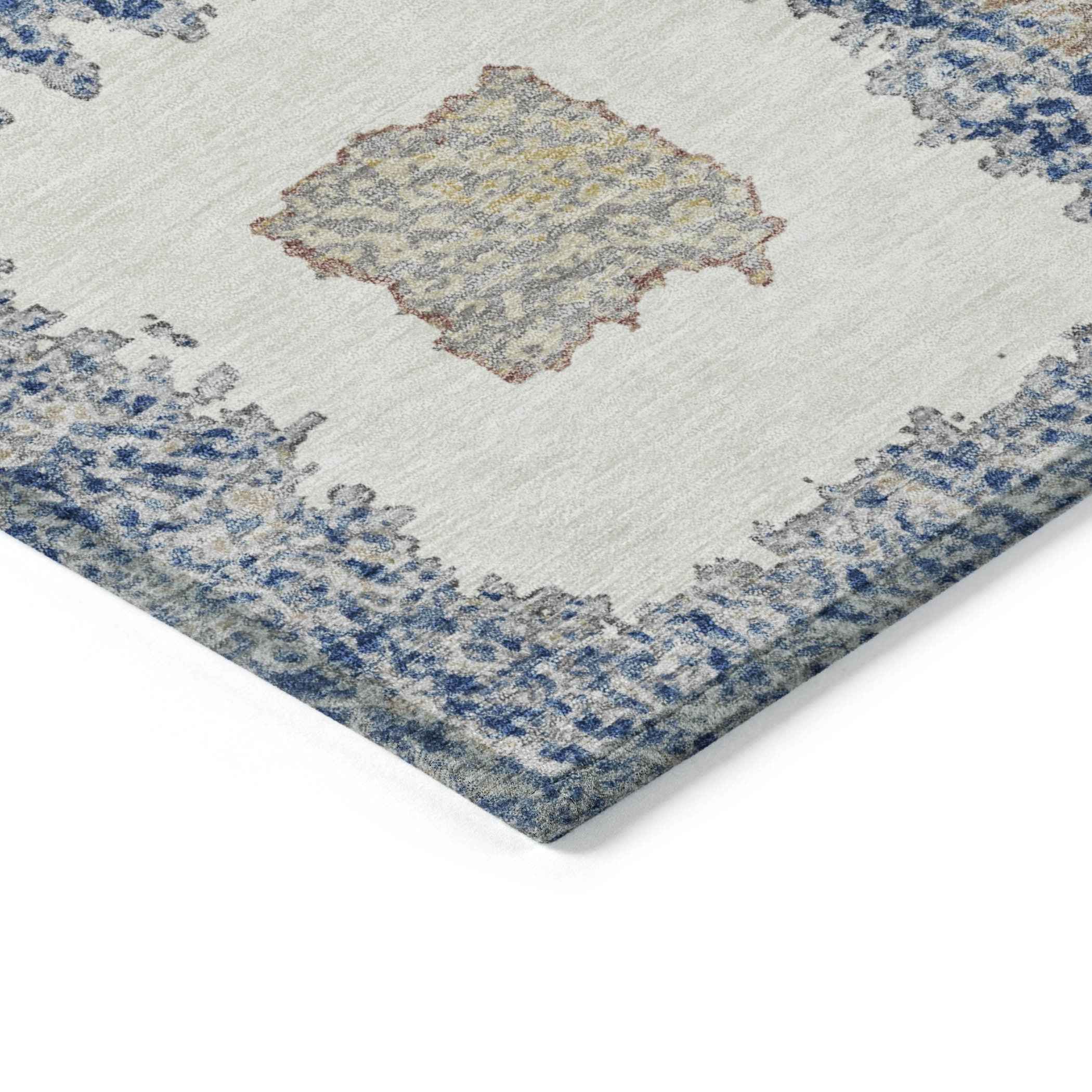 8' Navy Blue Beige And Ivory Round Geometric Washable Indoor Outdoor Area Rug