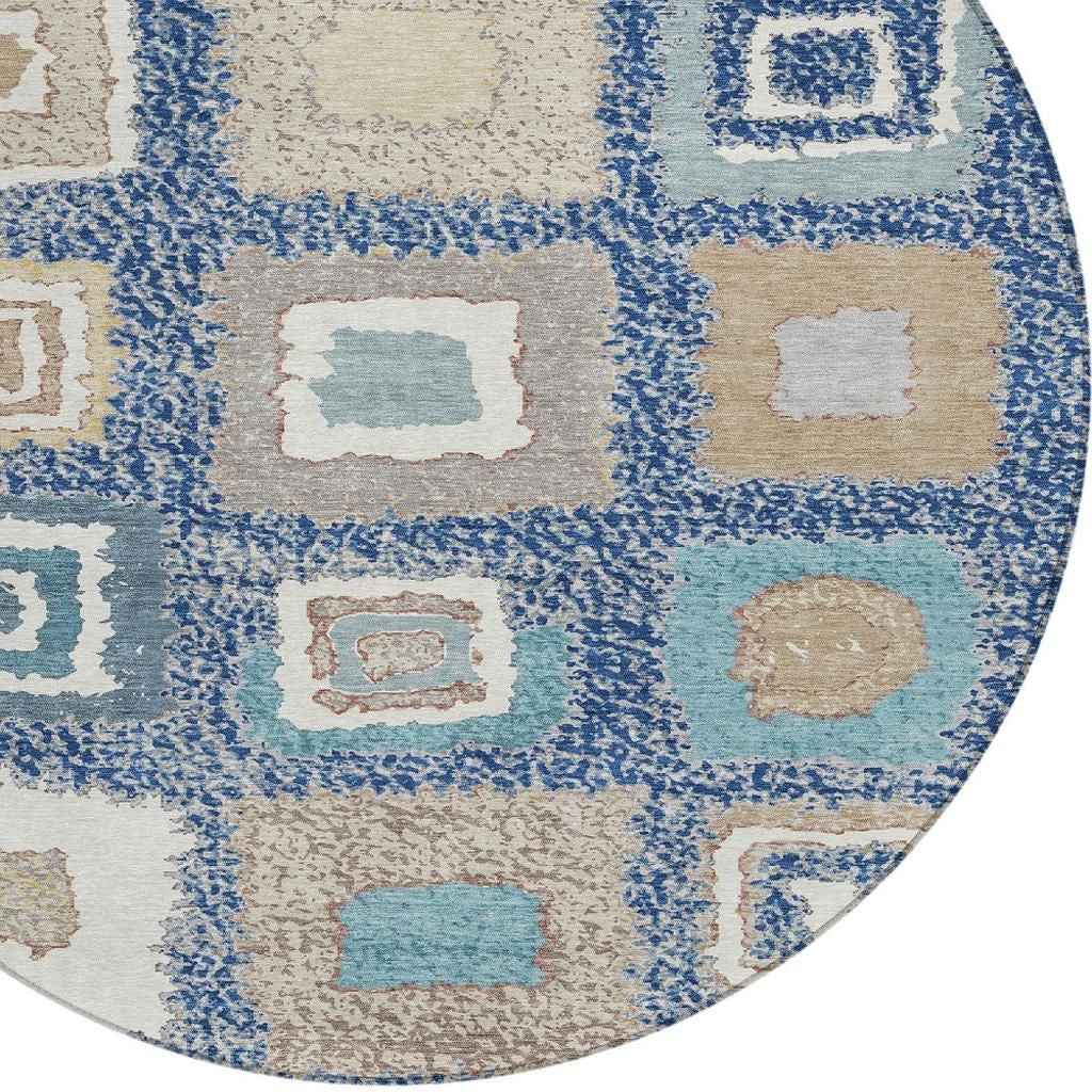 8' Navy Blue Beige And Ivory Round Geometric Washable Indoor Outdoor Area Rug