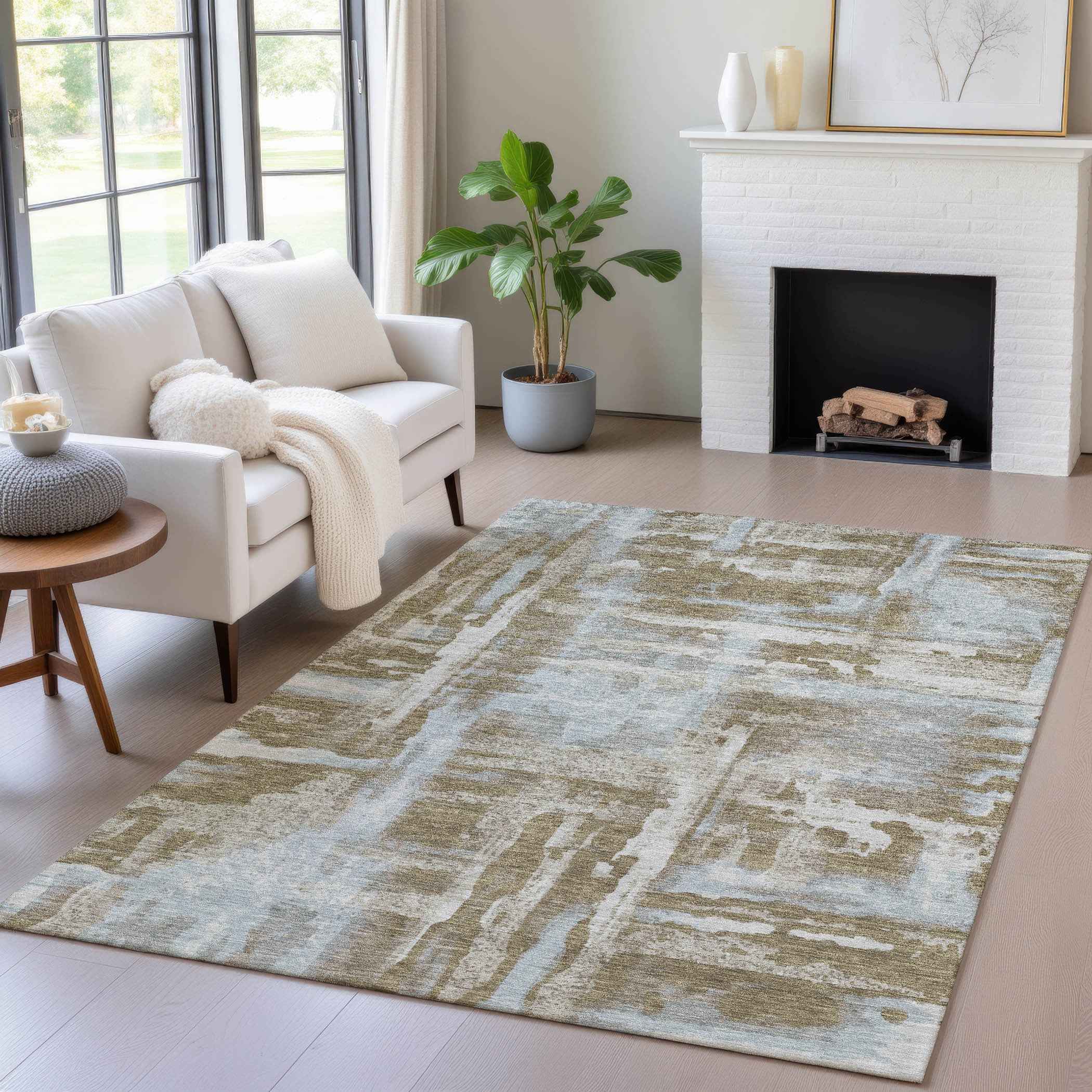 5' X 8' Brown And Sky Blue Abstract Washable Indoor Outdoor Area Rug