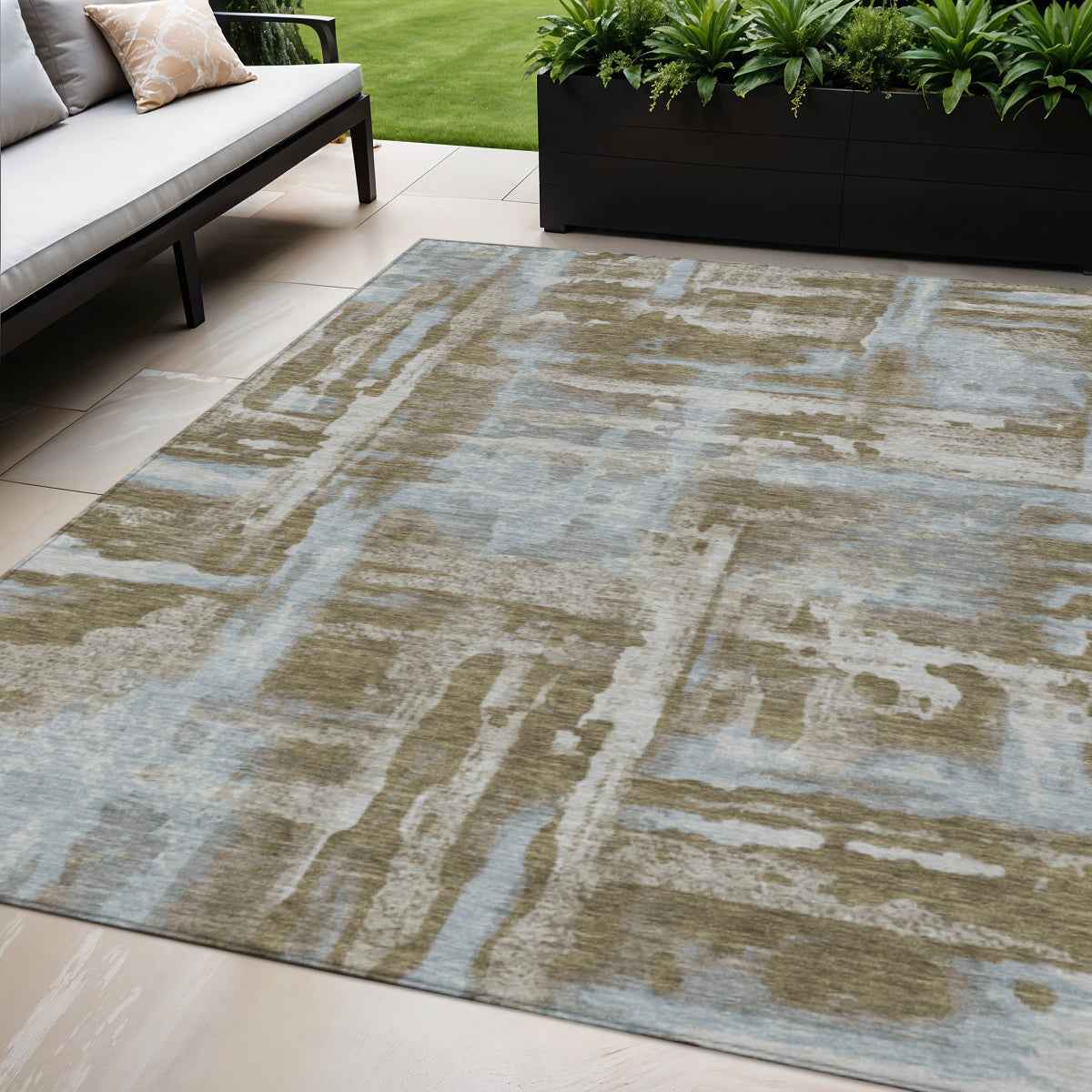 5' X 8' Brown And Sky Blue Abstract Washable Indoor Outdoor Area Rug