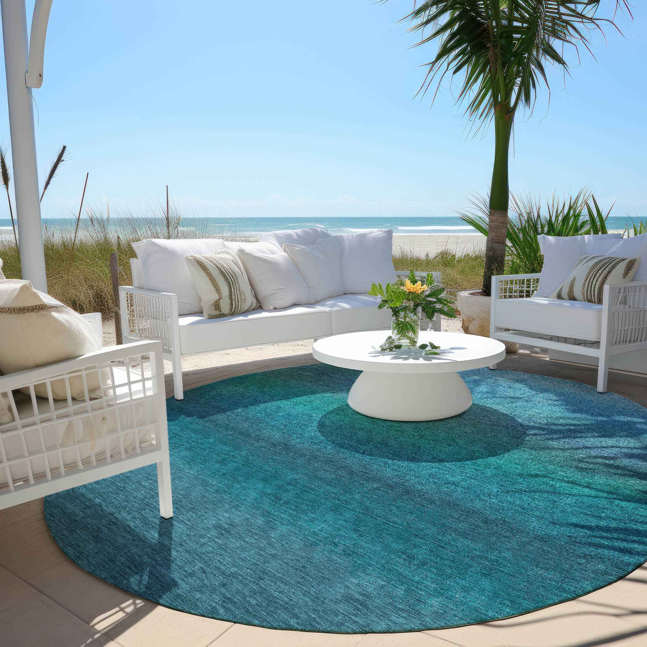 8' Teal Blue And Sky Blue Round Ombre Washable Indoor Outdoor Area Rug