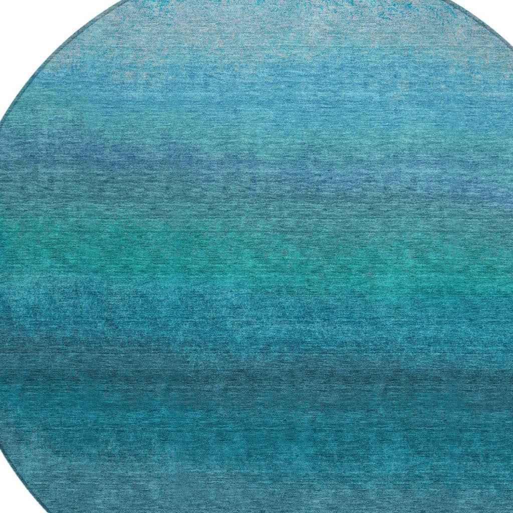 8' Teal Blue And Sky Blue Round Ombre Washable Indoor Outdoor Area Rug