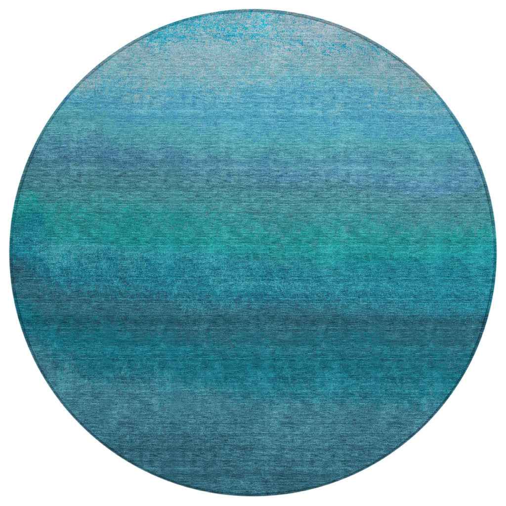 8' Teal Blue And Sky Blue Round Ombre Washable Indoor Outdoor Area Rug