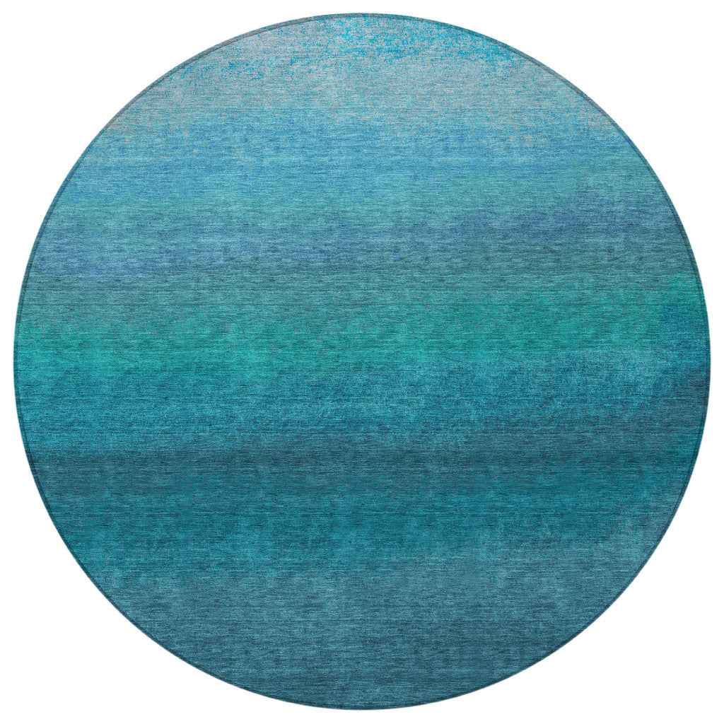 8' Teal Blue And Sky Blue Round Ombre Washable Indoor Outdoor Area Rug