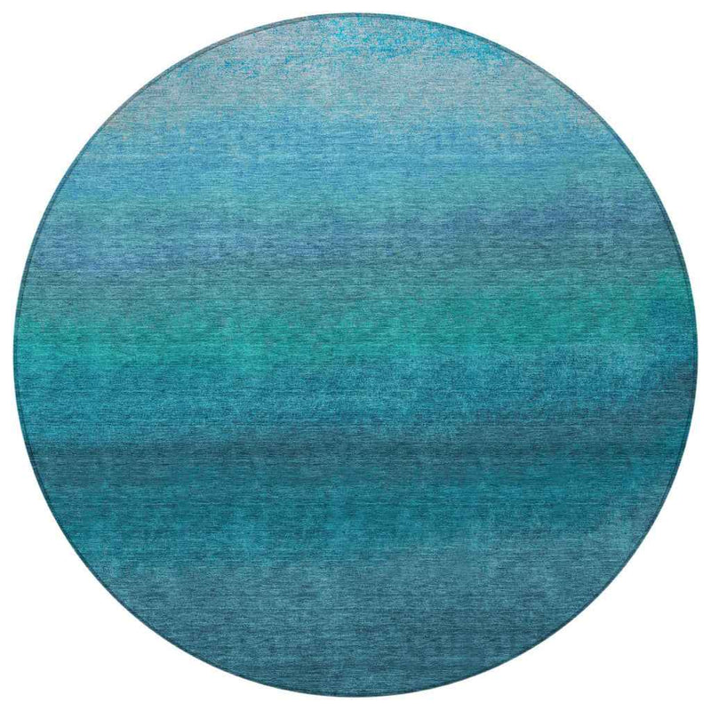 8' Teal Blue And Sky Blue Round Ombre Washable Indoor Outdoor Area Rug