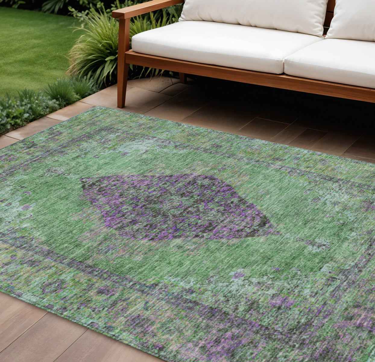 8' X 10' Lime Green And Purple Medallion Washable Indoor Outdoor Area Rug
