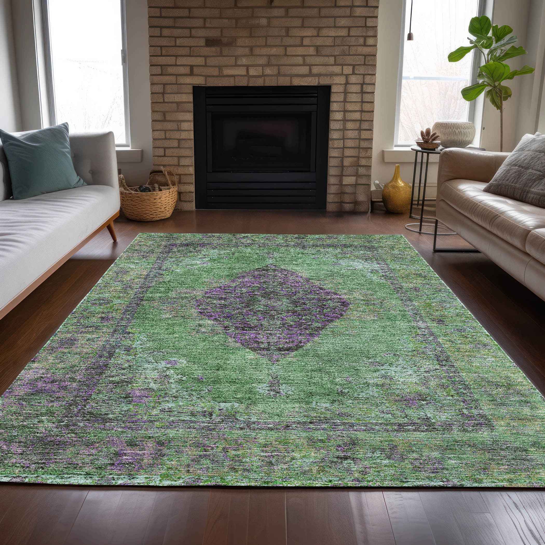 8' X 10' Lime Green And Purple Medallion Washable Indoor Outdoor Area Rug