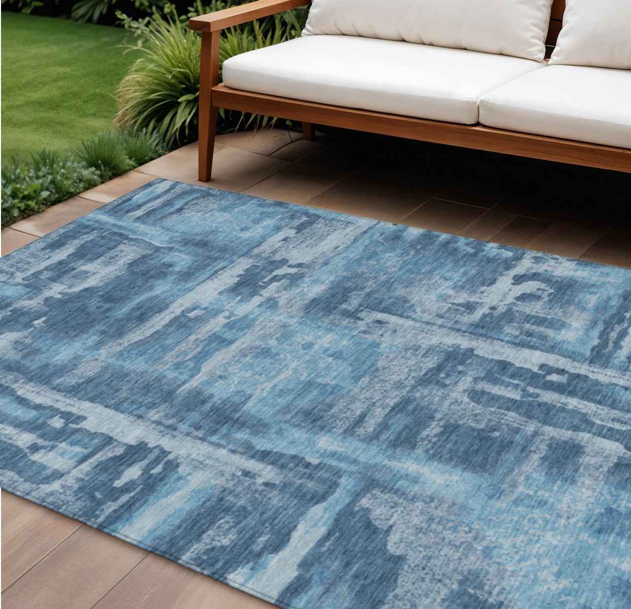 8' X 10' Denim Blue And Sky Blue Abstract Washable Indoor Outdoor Area Rug