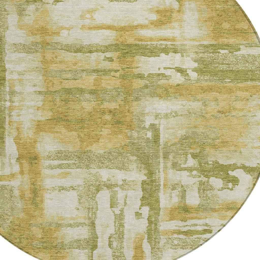 8' Artichoke Green And Gold Round Abstract Washable Indoor Outdoor Area Rug