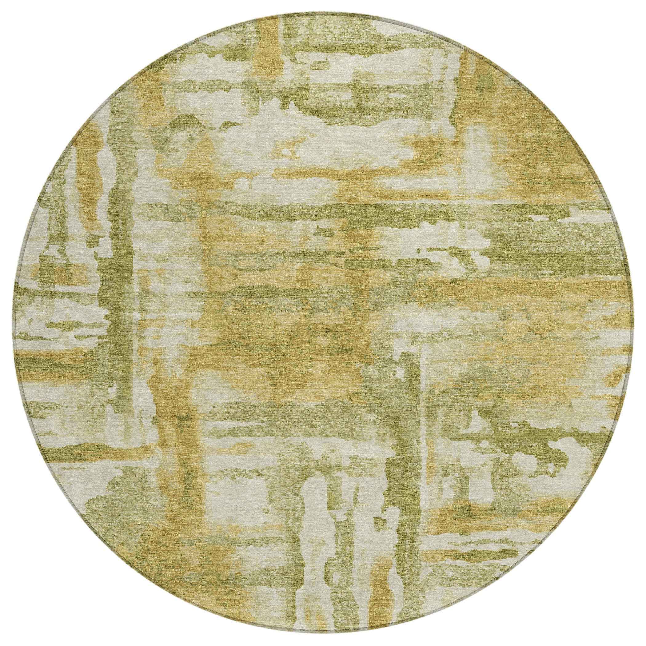 8' Artichoke Green And Gold Round Abstract Washable Indoor Outdoor Area Rug