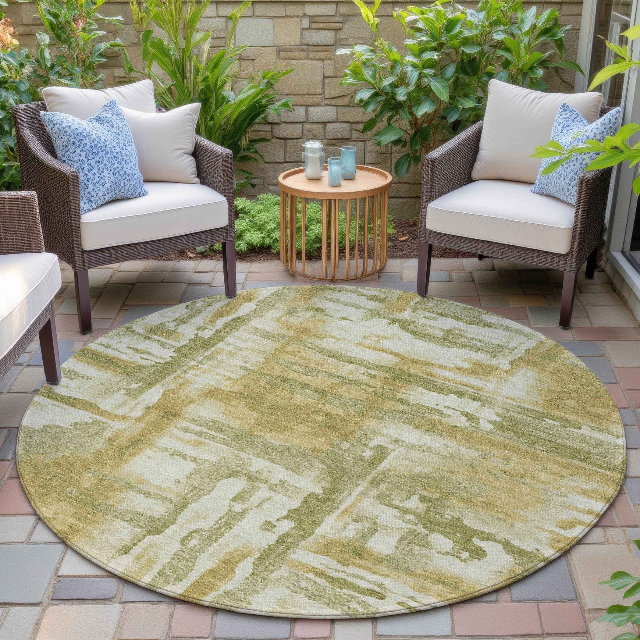 8' Artichoke Green And Gold Round Abstract Washable Indoor Outdoor Area Rug