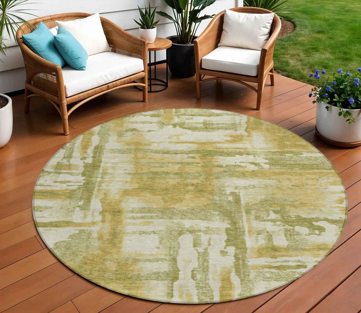 8' Artichoke Green And Gold Round Abstract Washable Indoor Outdoor Area Rug
